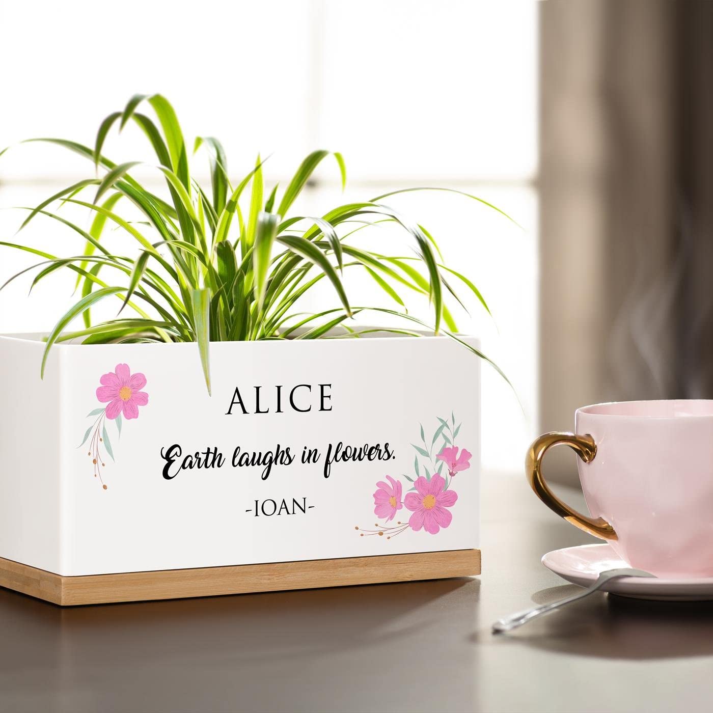 Maverton Ceramic Planter Pot with Bamboo Tray - Elegant Floral Overprint Flower Pot for Women - Customizable Jewelry Gift Box - Perfect for Houseplants, Succulents & Home Decor - Ideal Birthday Gift for Her, Mother's Day Present or Housewarming Gift
