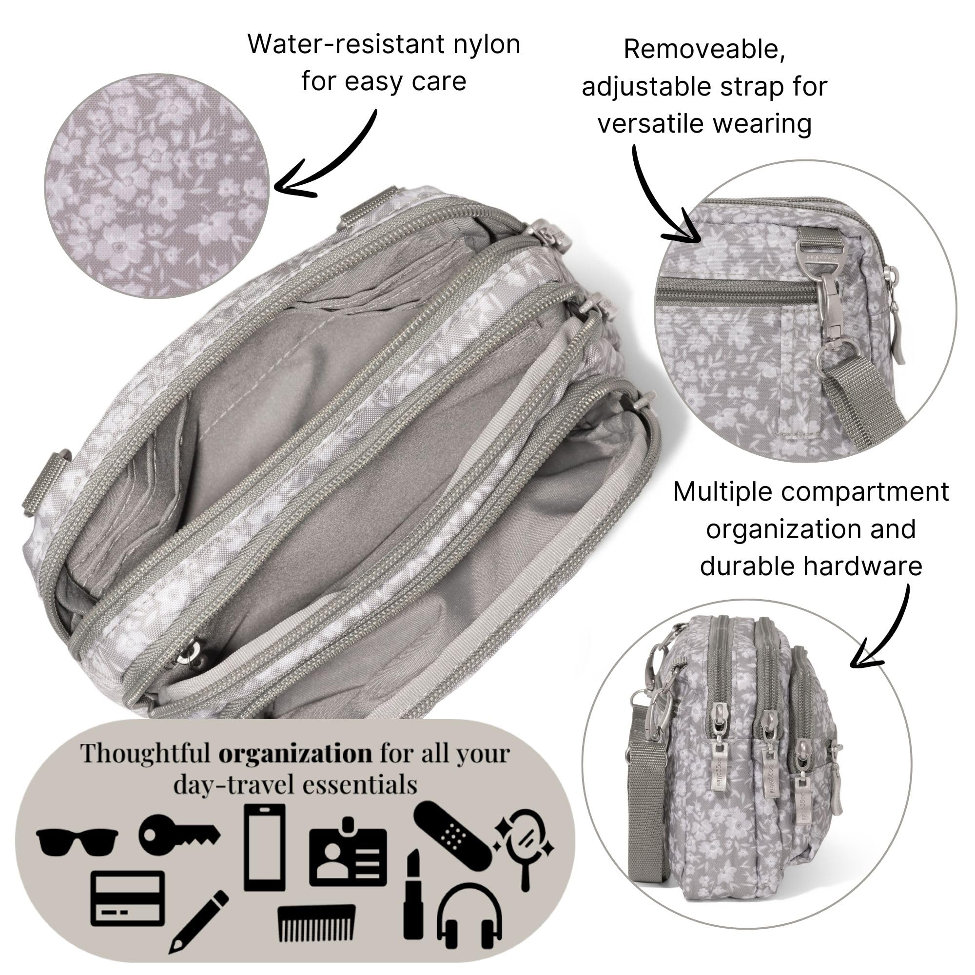 Baggallini Triple Zip Small Crossbody Bag for Women - 8x6 inch Lightweight Water-resistant Convertible Fanny Pack Belt Bag - Perfect for Travel, Shopping & Everyday Use