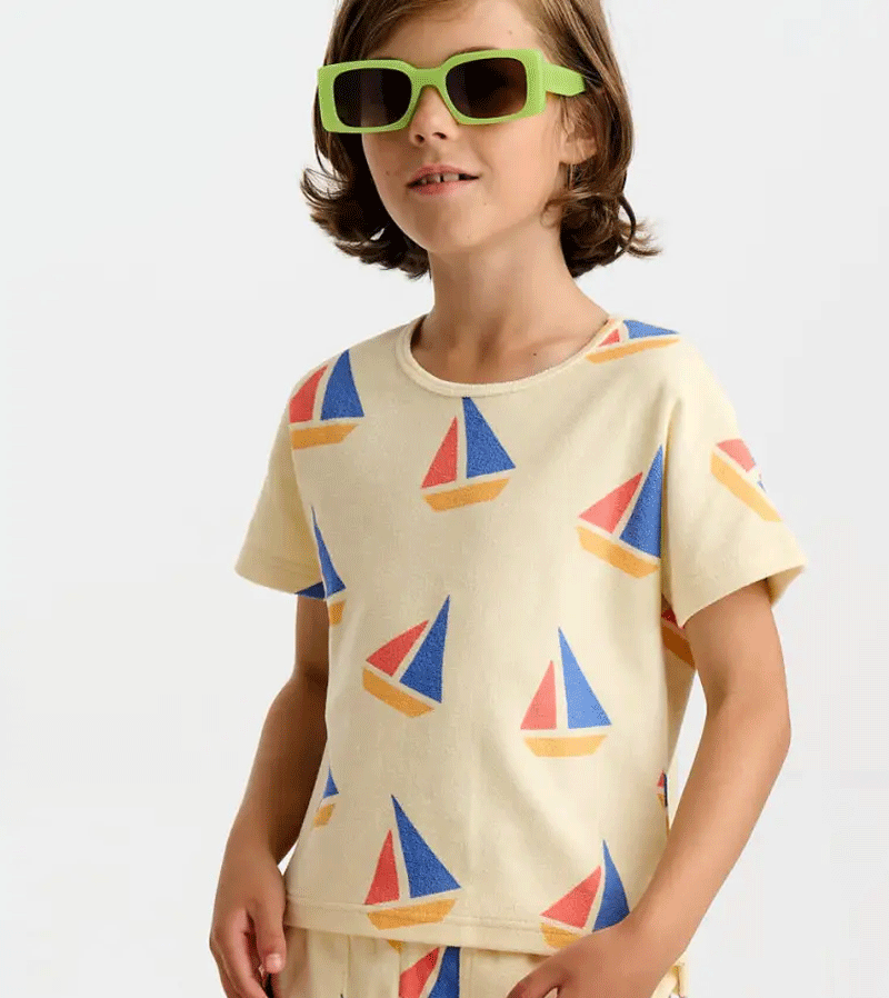 Bonnie Mob Kids Multicolor Sailboat Terry Cotton T-Shirt - Soft & Comfortable Top for Boys & Girls - Perfect for Playtime, School & Everyday Wear