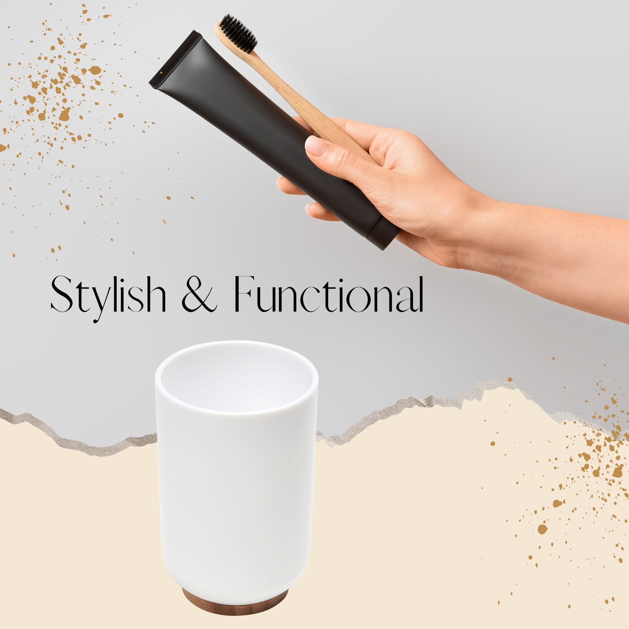 Bamboo White Padang Vanity Bathroom Tumbler Cup - 10 oz Toothbrush Holder & Organizer - Eco-Friendly Bathroom Storage for Countertop, Sink, or Vanity - Perfect for Toothbrushes, Makeup Brushes, and Cotton Swabs