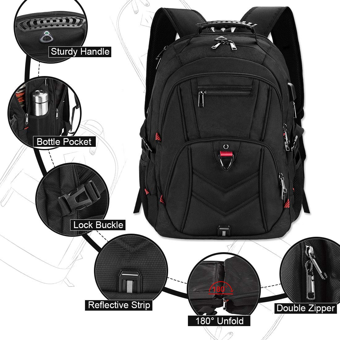 NEWHEY 17.3 Inch Waterproof Laptop Backpack for Men - USB Charging Port, Business Travel & School Backpack, Large Anti-Theft Work Bag for 17-17.3 Inch Notebooks - Perfect for Commuting, Office & College Use