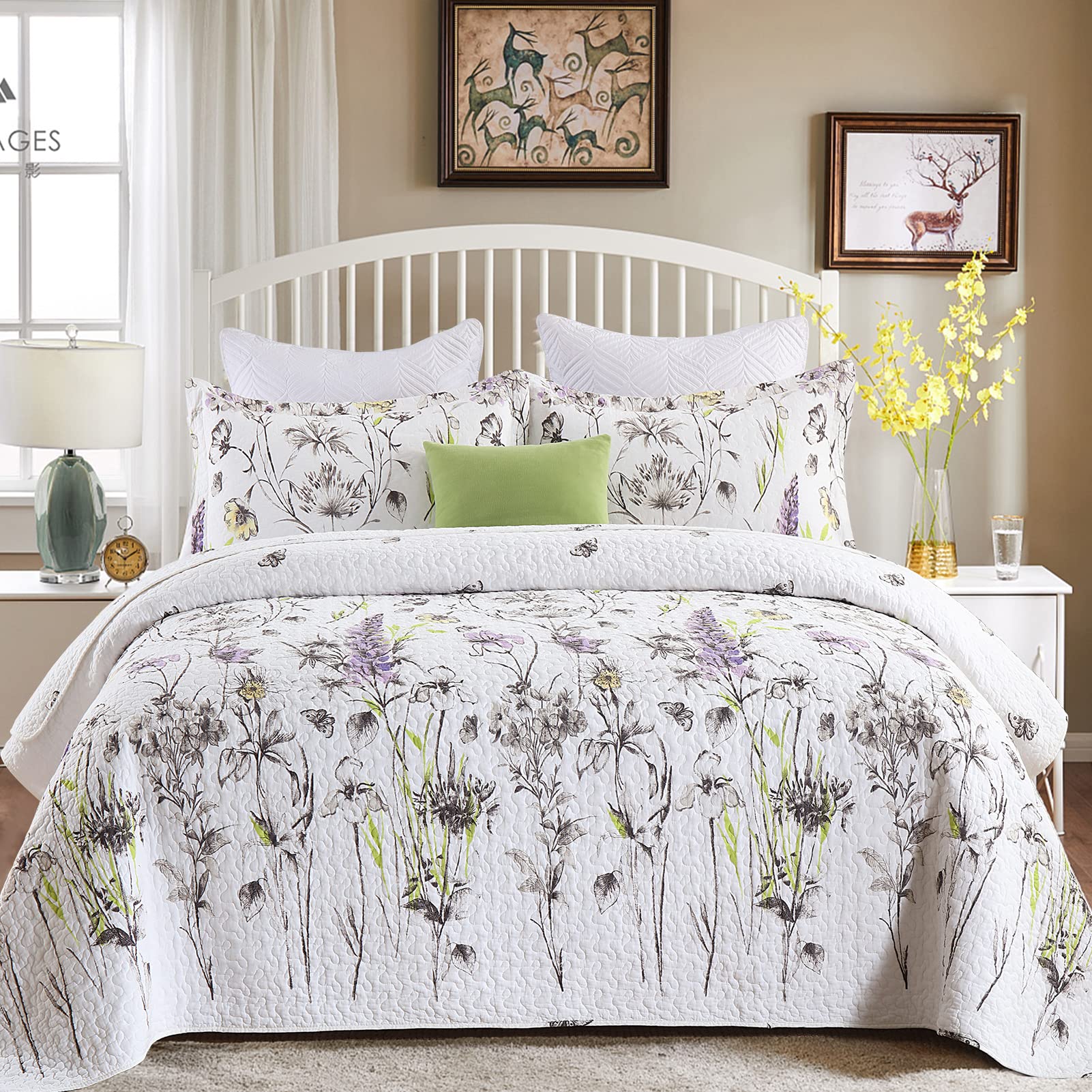 KALOOLA 100% Cotton King Size Floral Quilt Set - Reversible Farmhouse Bedspread in White & Purple | Lightweight 3-Piece Bedding for King Beds | Perfect for Guest Rooms, Master Bedrooms & Cozy Farmhouse Decor