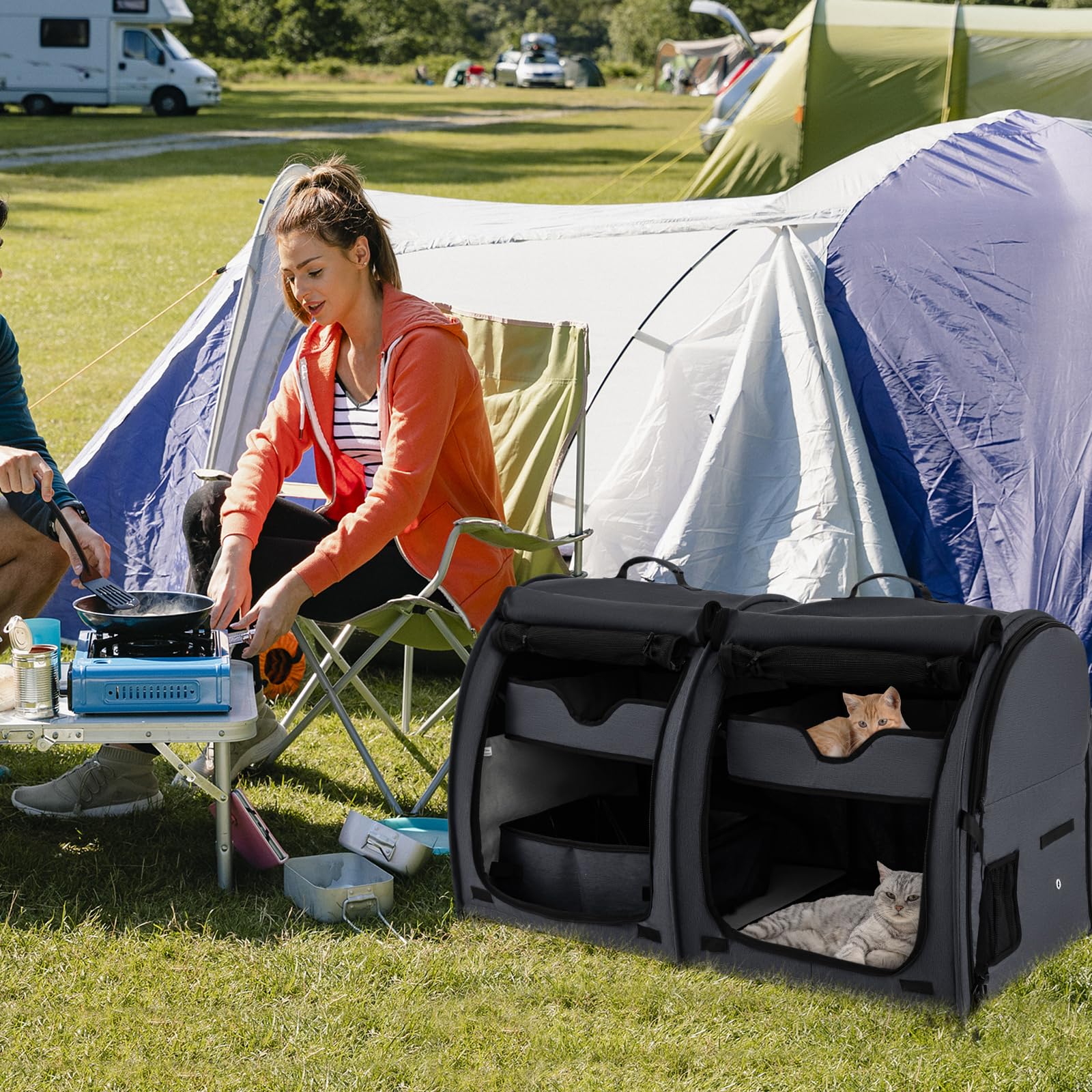 **40 Inch Large Cat Carrier with Double Compartments - Portable Soft-Sided Pet Kennel for Cats & Small Dogs, Includes 2 Removable Hammocks, Dual-use Mats & Litter Box, Carry Bag & Ground Stakes (Black) - Perfect for Travel, Vet Visits & Outdoor Adventures**