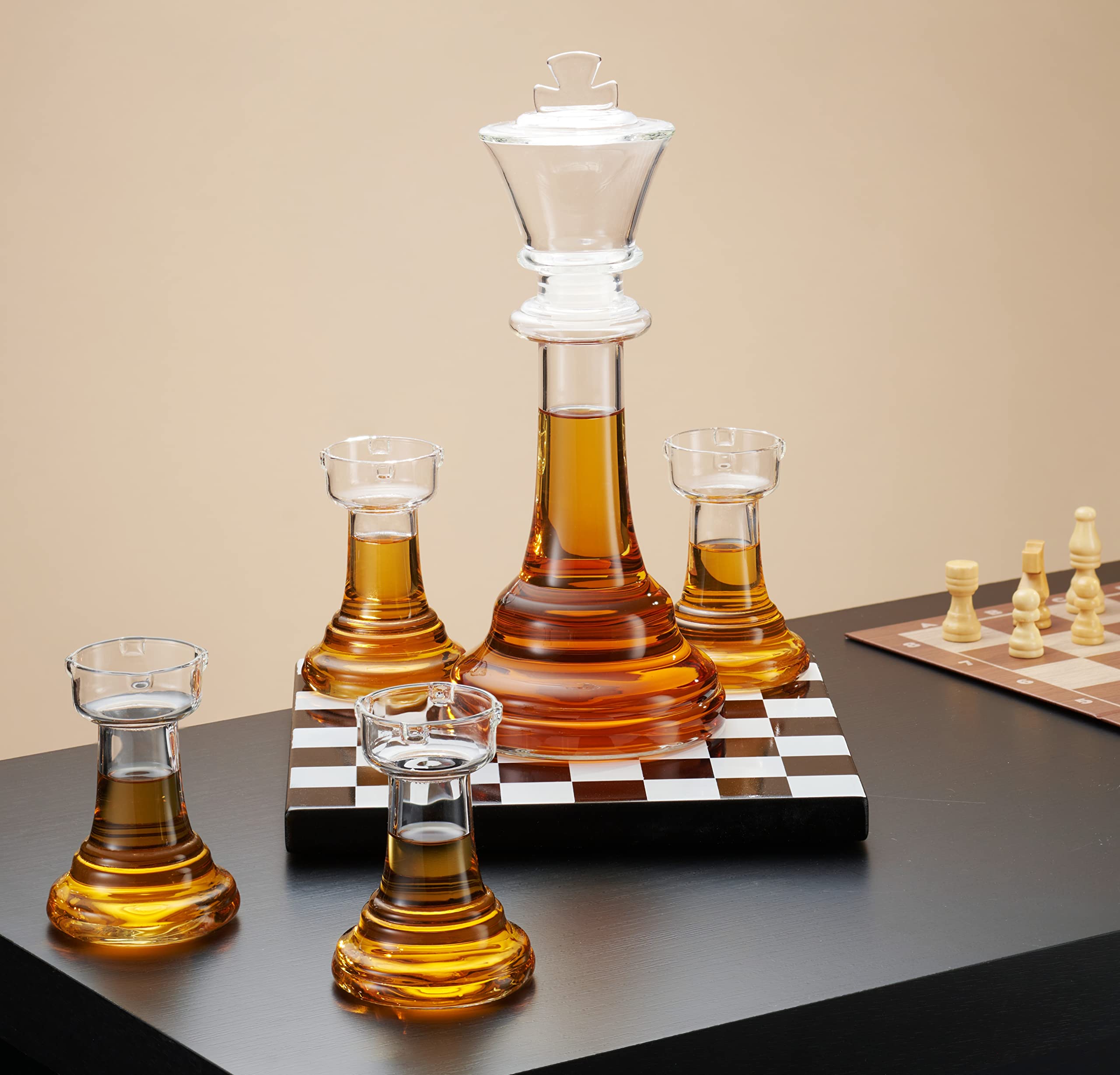 Godinger Whiskey Decanter Set with 2 Glasses & 2 Shot Glasses - Elegant Chess Design Liquor Decanter for Bourbon, Scotch & Whiskey - Perfect Whiskey Gift Set for Men, Home Bar & Entertaining