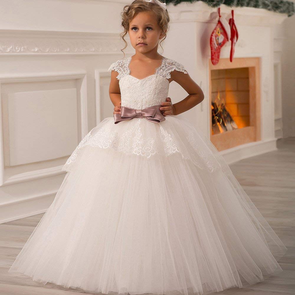 Elegant Lace Appliques Cap Sleeve Ball Gown Tulle Flower Girl Dresses for Wedding - Perfect for Bridal Party, Flower Girls & Special Occasions