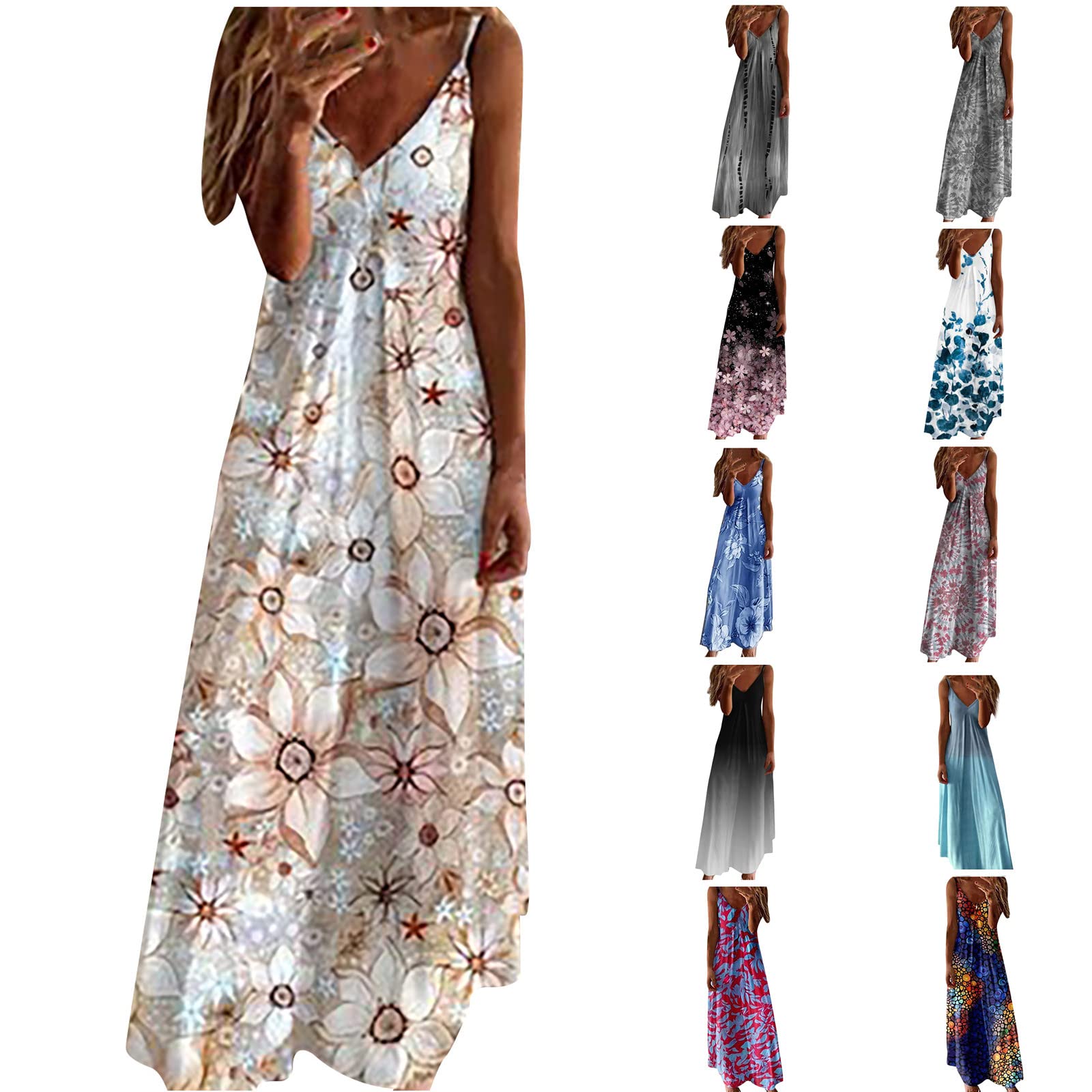 Anuyalue Women's Summer Maxi Dress 2022 - Casual Sleeveless Spaghetti Strap Boho Floral Beach Dress with Sexy V-Neck | Perfect for Vacations, Beach Parties & Summer Outings