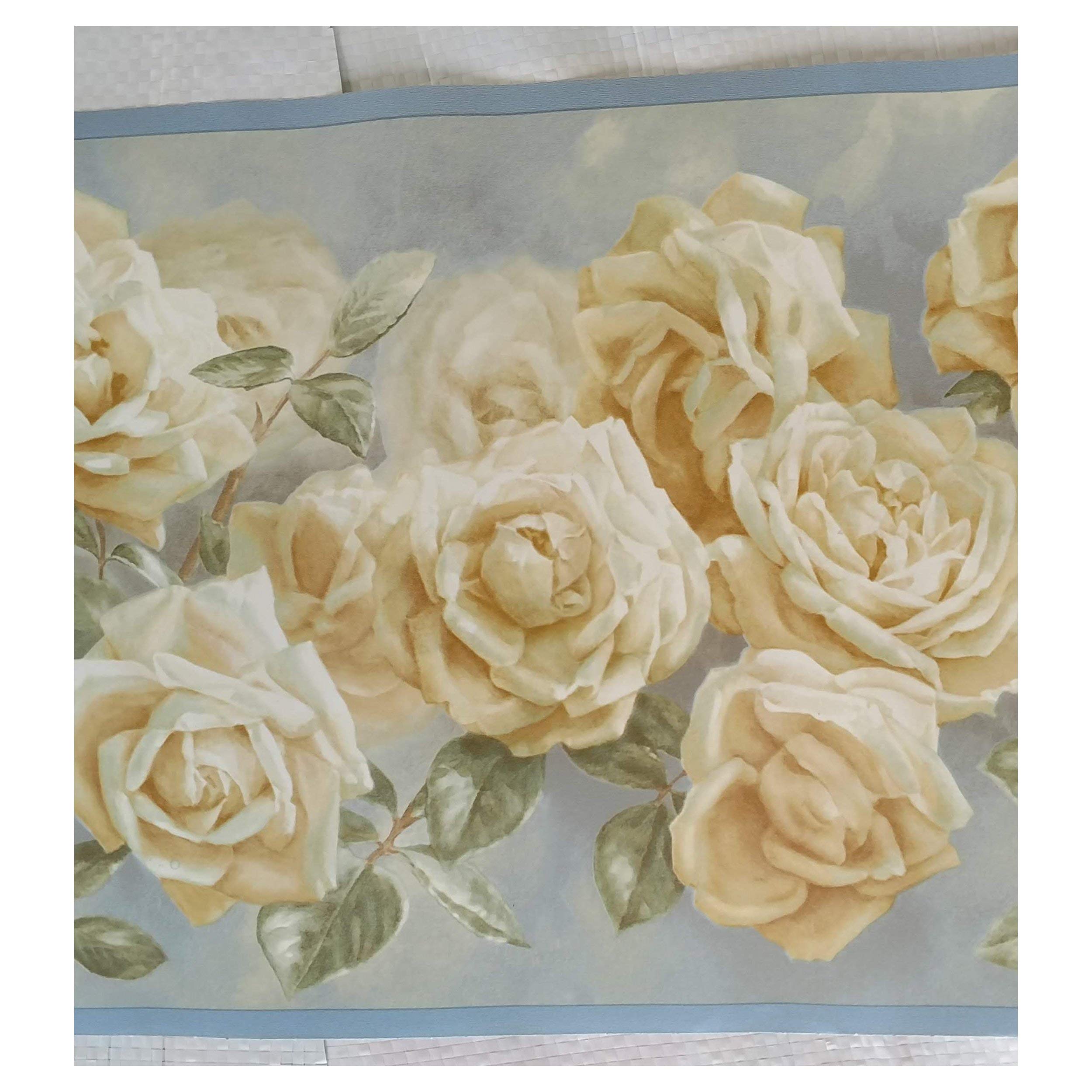 Blue and White Roses Floral Wallpaper Border - Self-Adhesive Peel and Stick Wall Decoration for Bedroom, Living Room, Nursery & Home Decor