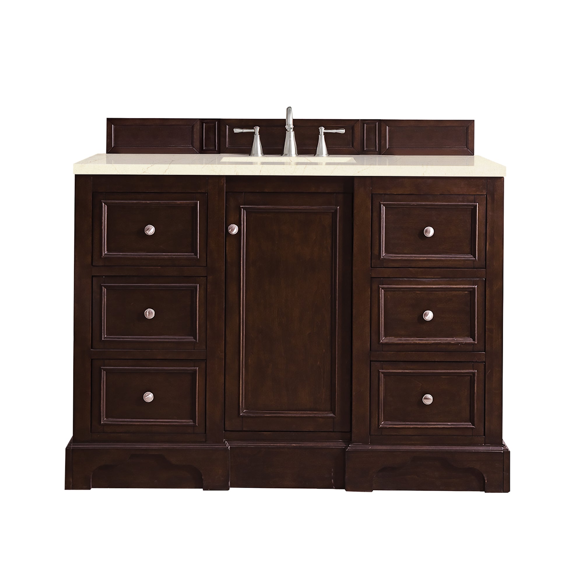 De Soto 48 Inch Single Bathroom Vanity with Burnished Mahogany Base & 3CM Eternal Marfil Quartz Countertop - Perfect for Modern Master Bath or Powder Room Renovation