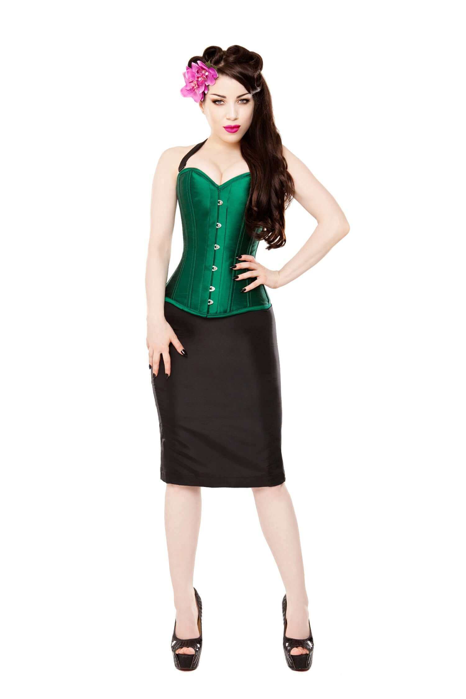 Elegant Green Silk Steel Boned Corset & Black Pencil Skirt Set with Bolero & Halters - Perfect for Vintage Fashion, Burlesque Shows, and Evening Events