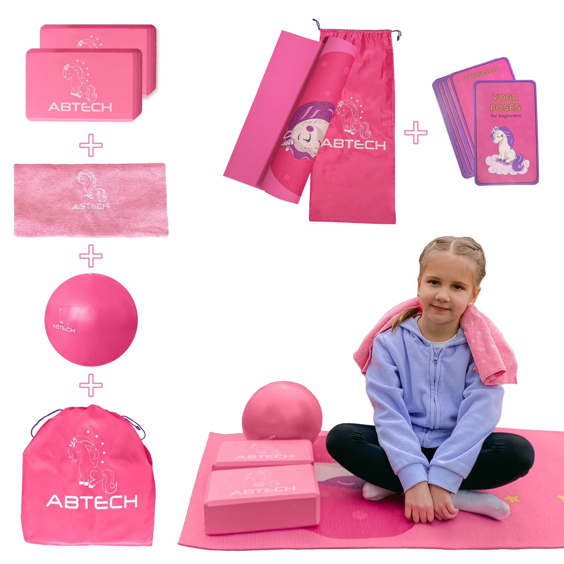 ABTECH Non-Slip Kids Yoga Set - Pink Unicorn Yoga Mat, Blocks, Ball & Towel with Carry Bag | Safe & Non-Toxic Yoga Equipment for Children Ages 3-12 | Perfect for Home Exercise, School PE Class & Birthday Gifts