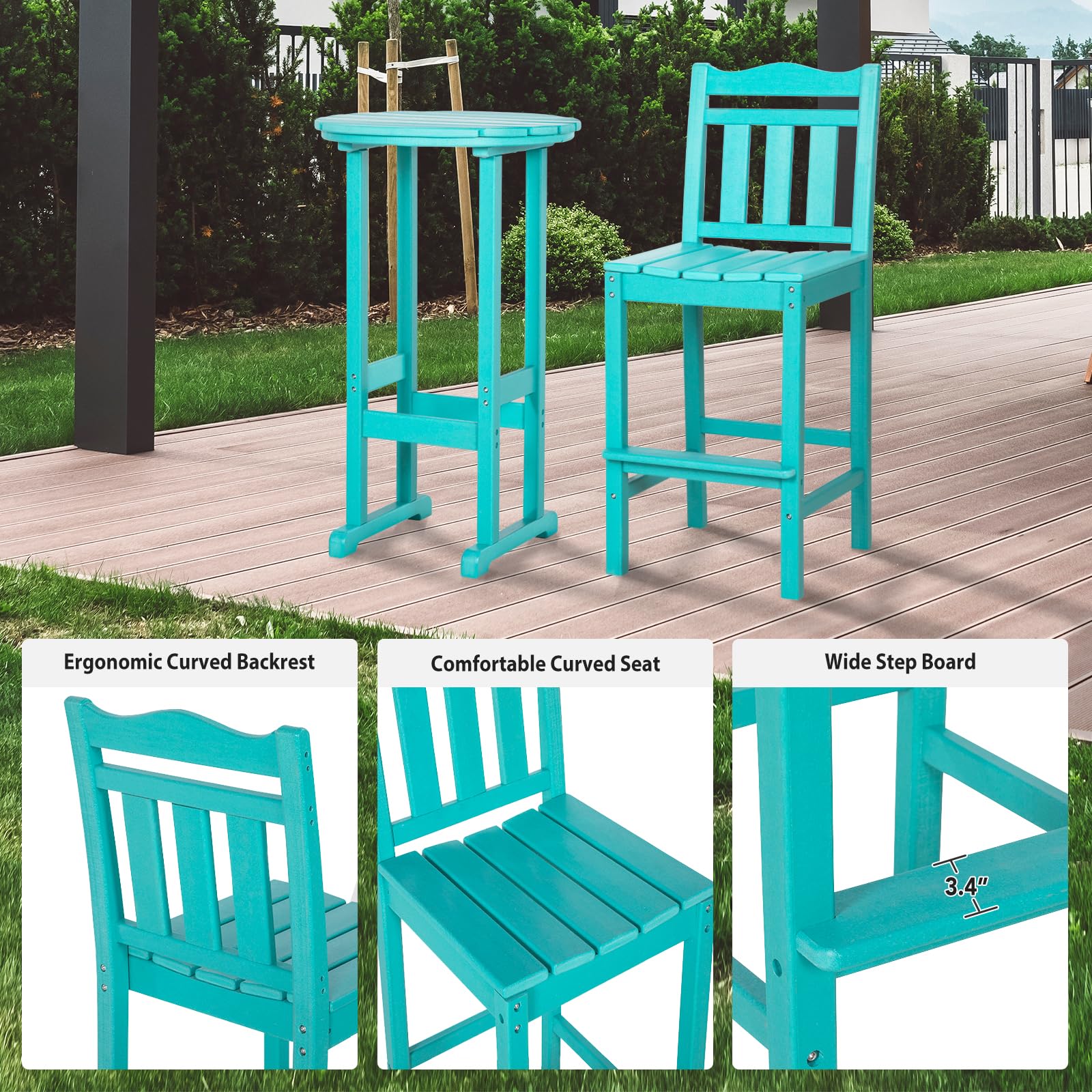 Premium HDPE Adirondack Bar Chairs and Table Set - 3-Piece Outdoor Patio Furniture for Garden, Yard, Balcony & Backyard - Durable Weather-Resistant Bar Stools for Relaxing, Entertaining & Outdoor Dining