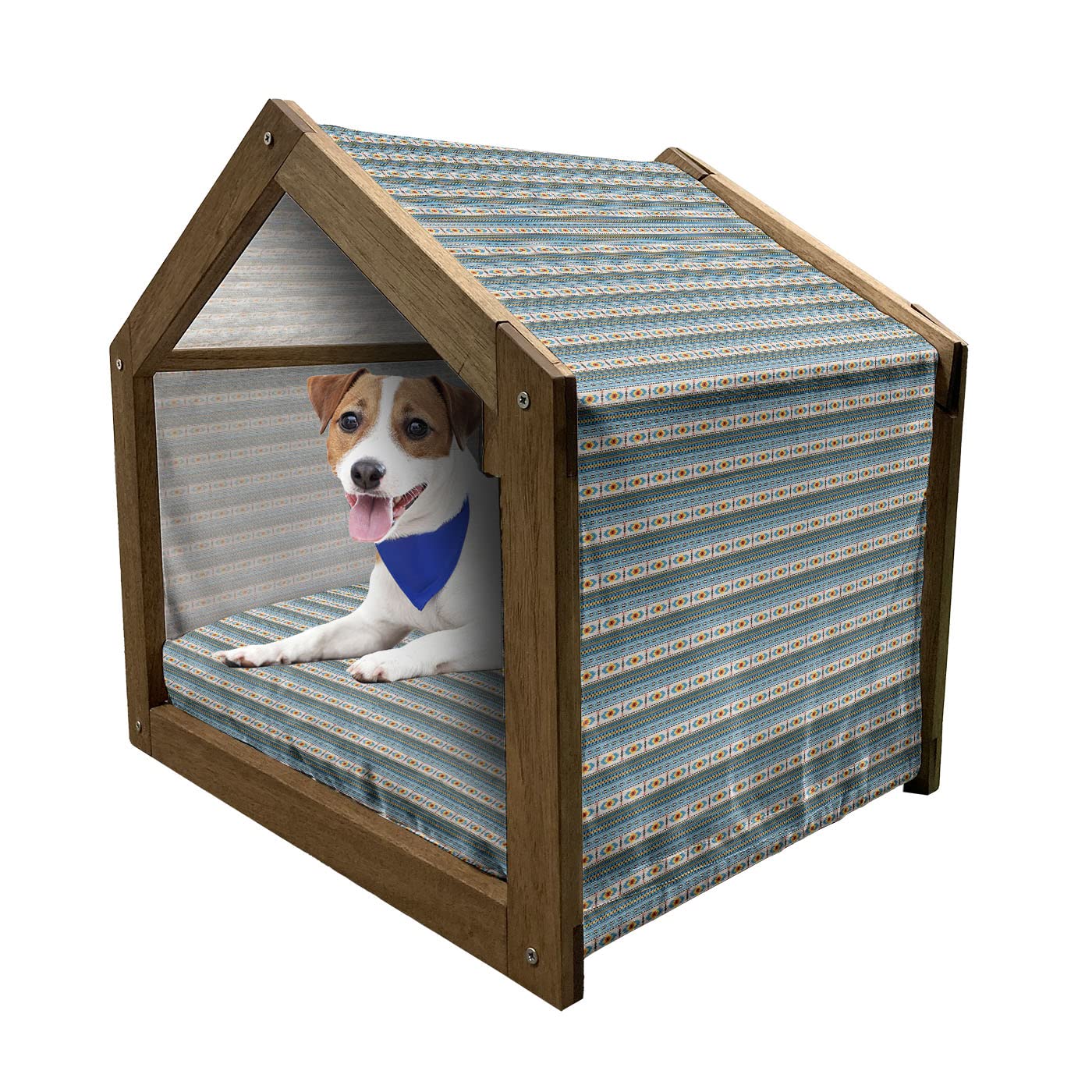 Ambesonne Wooden Pet House for Small Dogs - Geometric Tribal Afghan Design with Rhombus Stripes & Middle Eastern Patterns - Indoor & Outdoor Portable Dog Kennel with Removable Pillow & Cover - Perfect for Home, Yard, or Travel Use - Multicolor