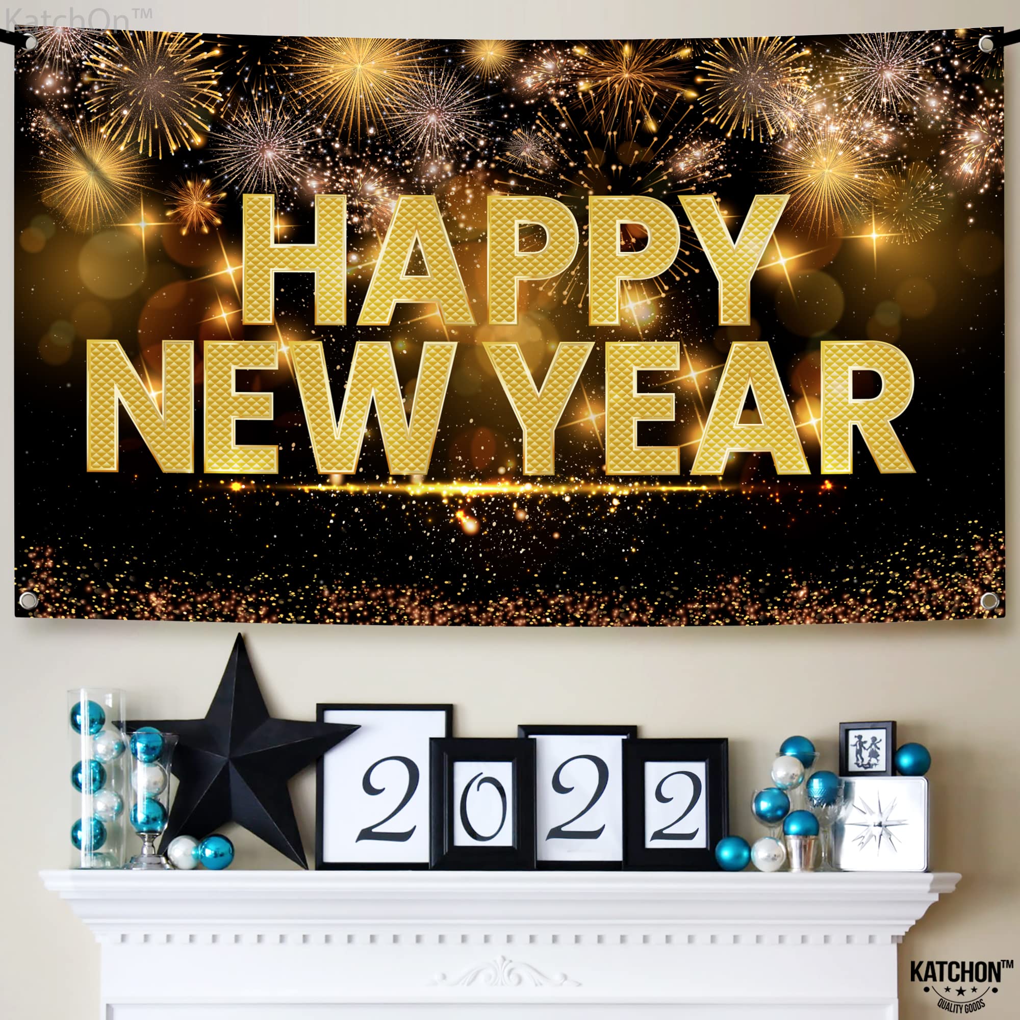 KatchOn Extra Large Happy New Year Banner 72x44 Inch - 2025 New Year's Eve Party Backdrop, NYE Decorations for Home & Events | Perfect for New Year Countdown Parties, Photo Booths & Social Media Backgrounds