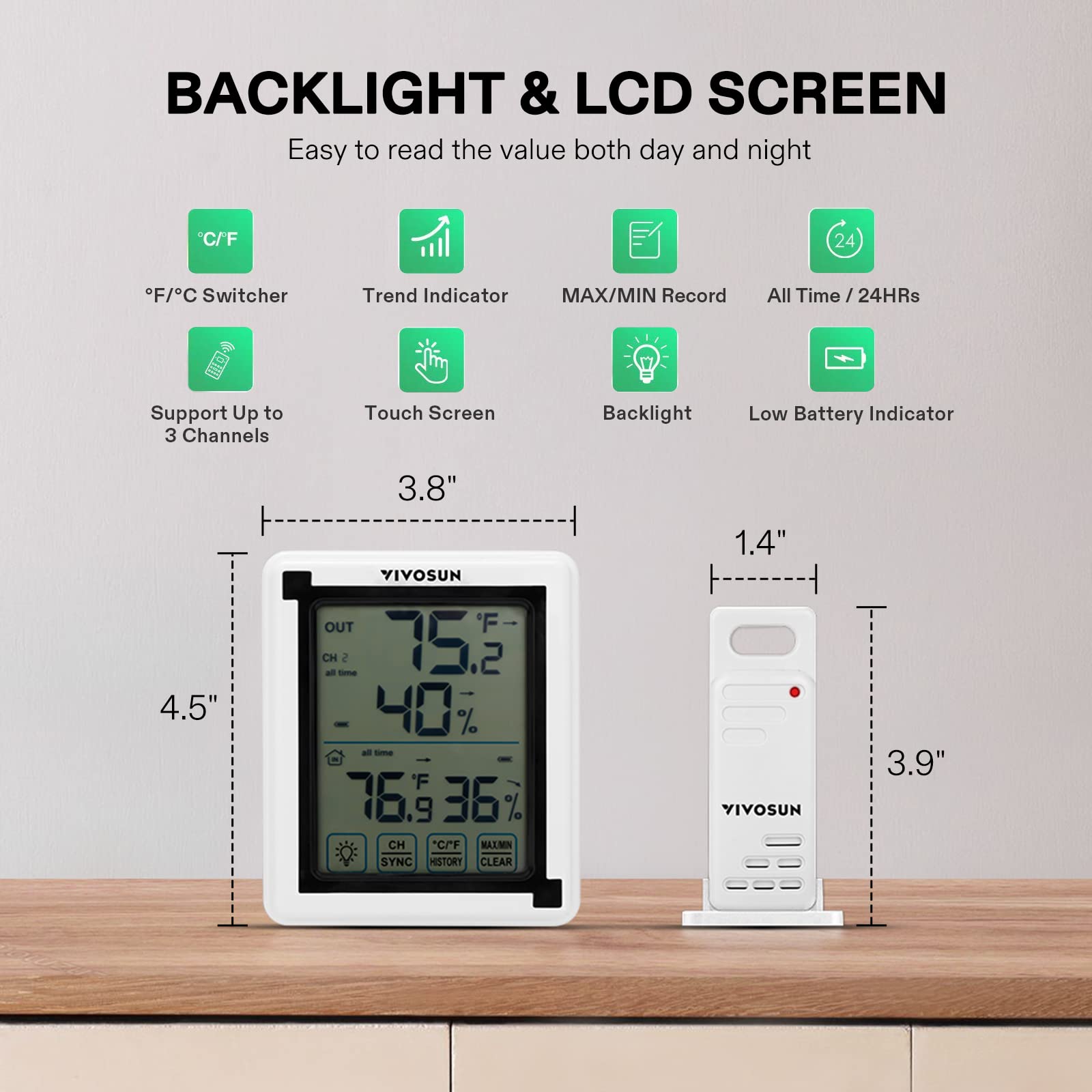 VIVOSUN Digital Thermometer Hygrometer with 3 Wireless Sensors - Indoor Outdoor Temperature Humidity Monitor, LCD Touchscreen Backlight, 200ft Range, Battery Included - Perfect for Home, Greenhouse, Nursery & Warehouse Monitoring