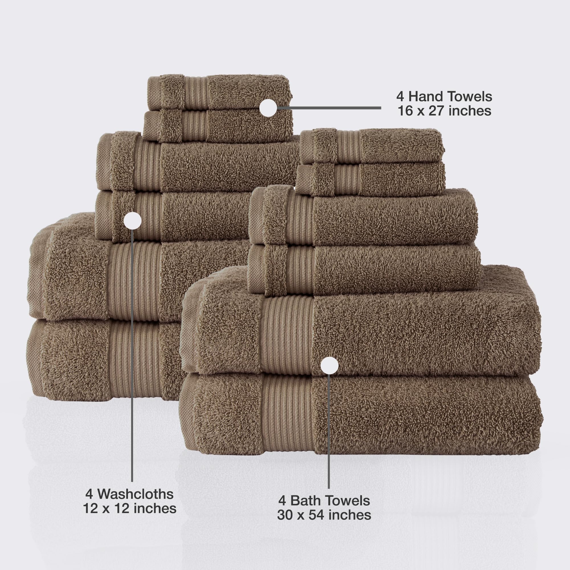 Premium 12-Piece Turkish Cotton Towel Set - 100% Organic, Quick-Drying & Ultra Absorbent Bath, Hand & Washcloth Towels for Spa, Beach & Luxury Bathroom Use (Deep Taupe)