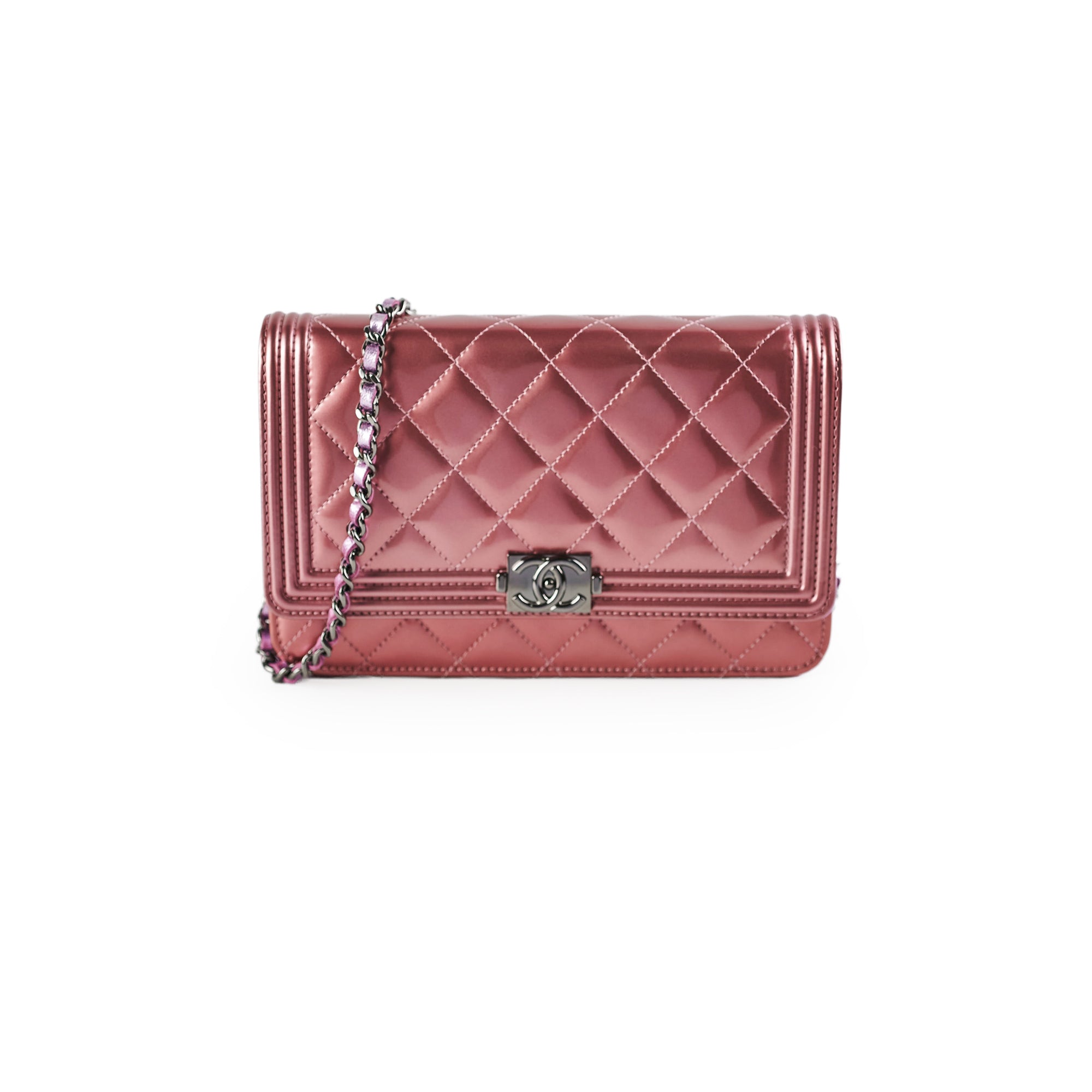 Chanel Boy Patent Leather Wallet On Chain WOC in Rose/Lilac - Luxury Crossbody Bag for Women, Perfect for Evening Out & Special Occasions