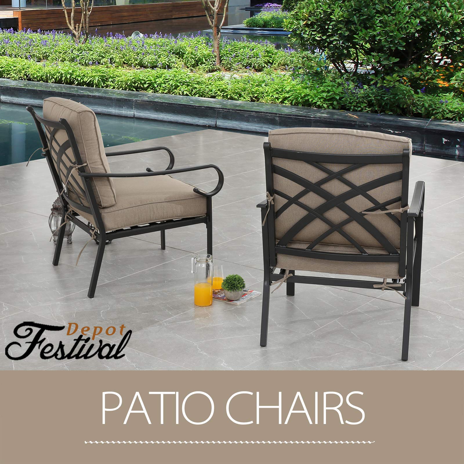 2-Piece Patio Dining Chairs Set - All-Weather Metal Bistro Armchairs with Cushions for Outdoor Porch, Deck, Garden & Backyard - Khaki - Perfect for Relaxing, Entertaining & Dining Al Fresco