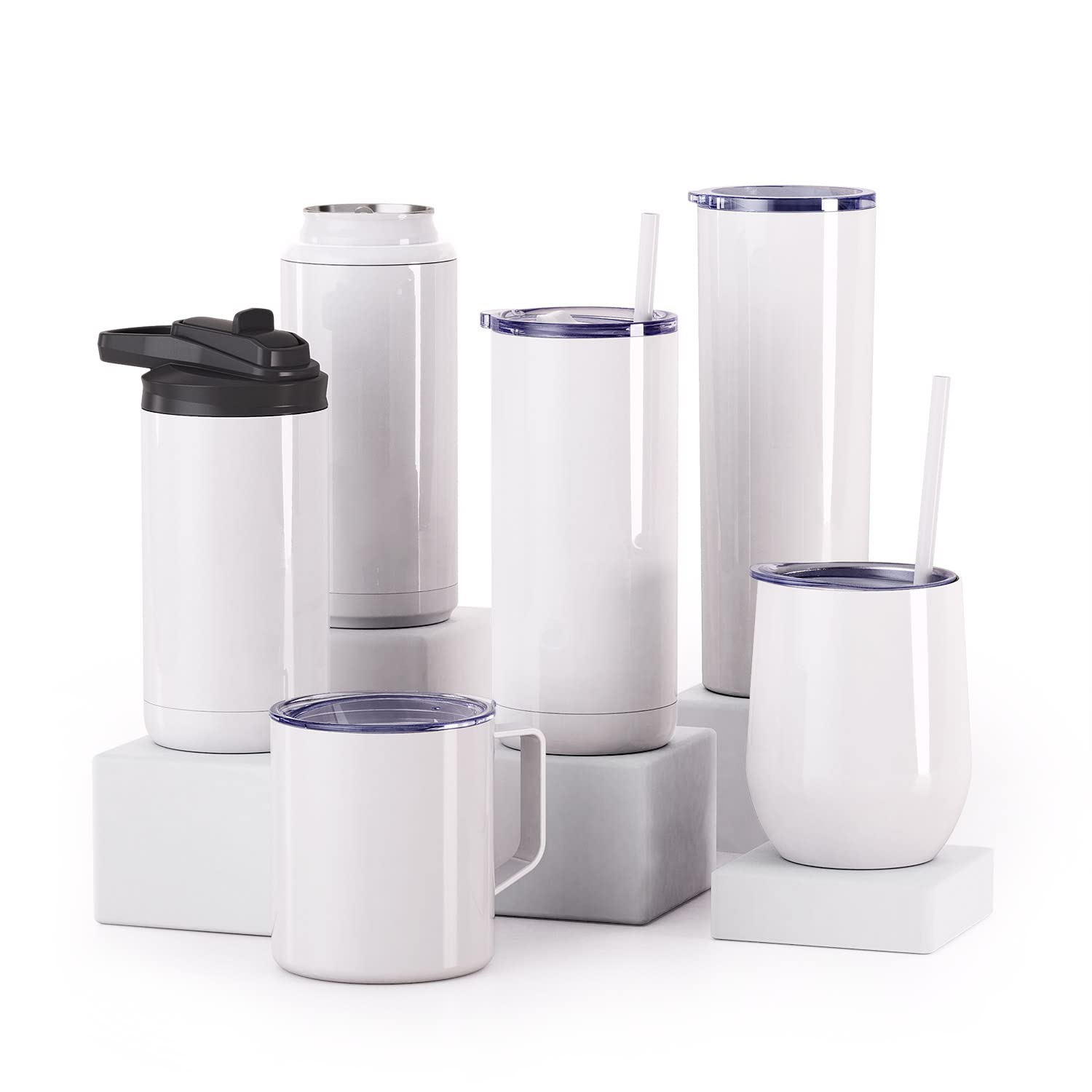 Maars Skinny Steel 20oz Sublimation Blank Tumblers - Polymer Coated Slim Tapered Stainless Steel Cups with Lid & Straw, Gloss White (2 Pack) - Perfect for Custom Gifts, Promotional Events & Everyday Hydration