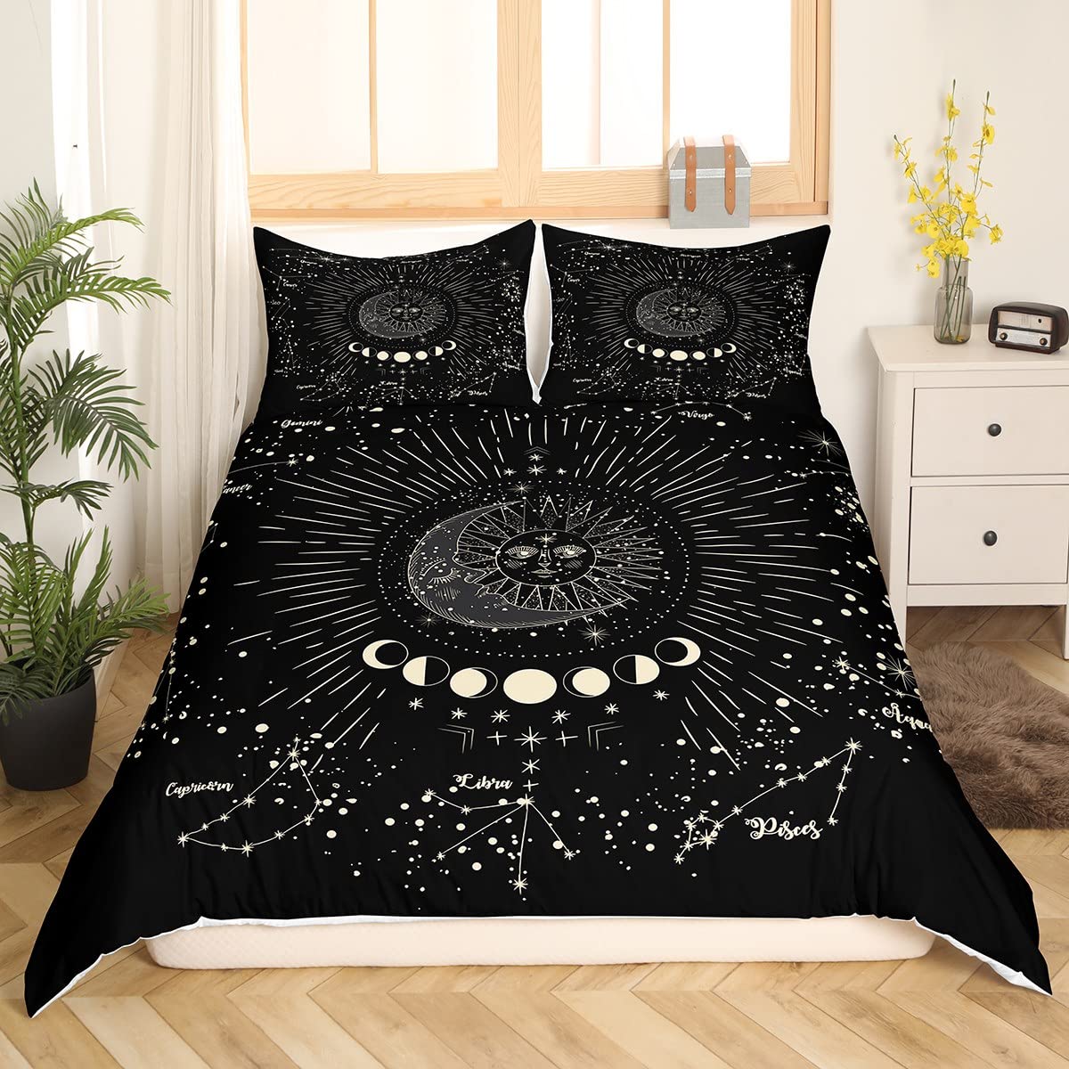 Feelyou Sun and Moon Printed Duvet Cover Set - Bohemian Tribal Black Quilt Cover with 1 Pillowcase (2Pcs) for Twin Bed | Galaxy Astrology Bedding for Kids, Boys & Girls | Perfect for Boho Chic Bedroom Decor & Teen Room Makeover