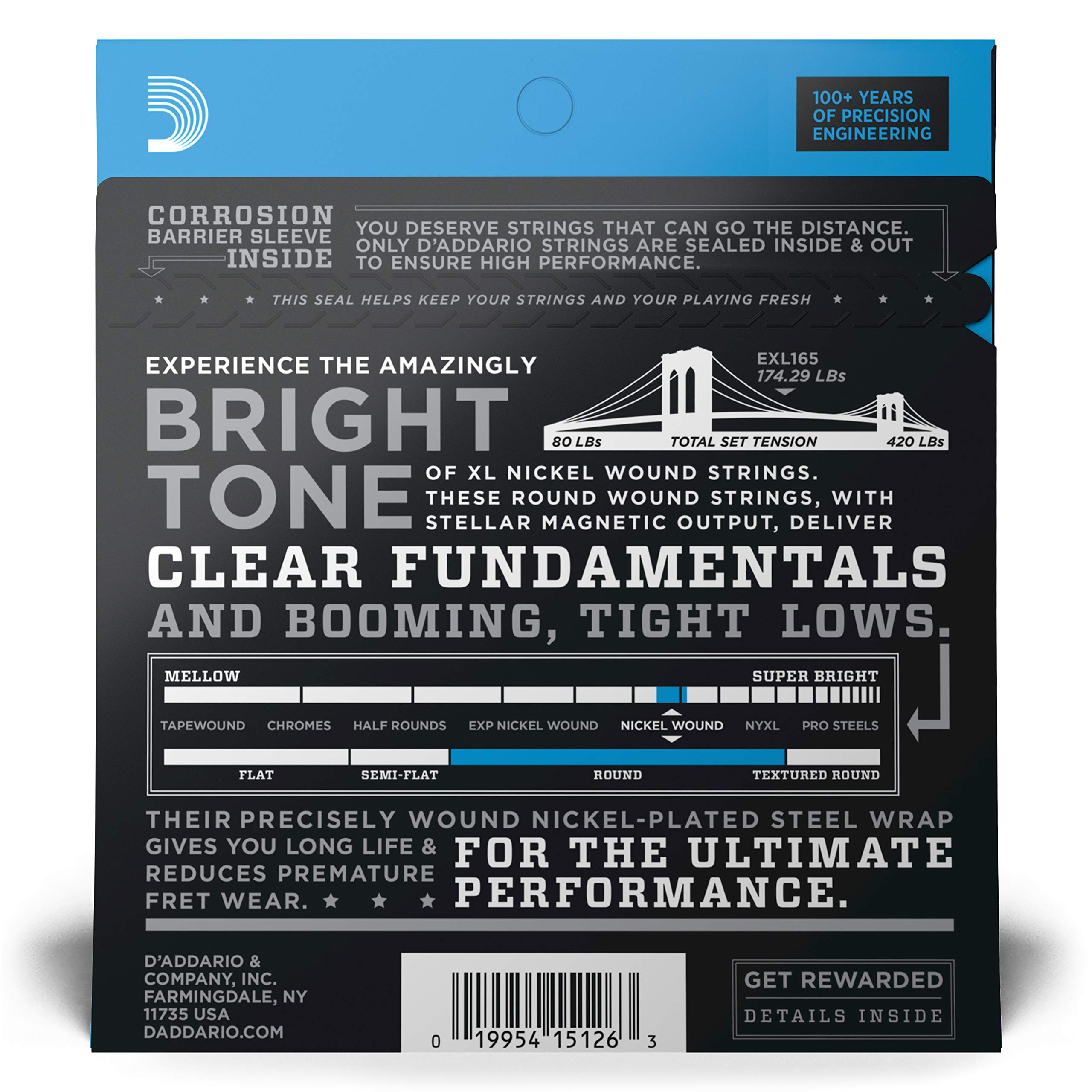 D'Addario EXL165 XL Nickel Bass Guitar Strings - 45-105 Regular Light Top/Medium Bottom, Long Scale - Premium 4-String Bass Strings for Perfect Intonation & Durability - Ideal for Live Performances, Studio Recording & Practice Sessions