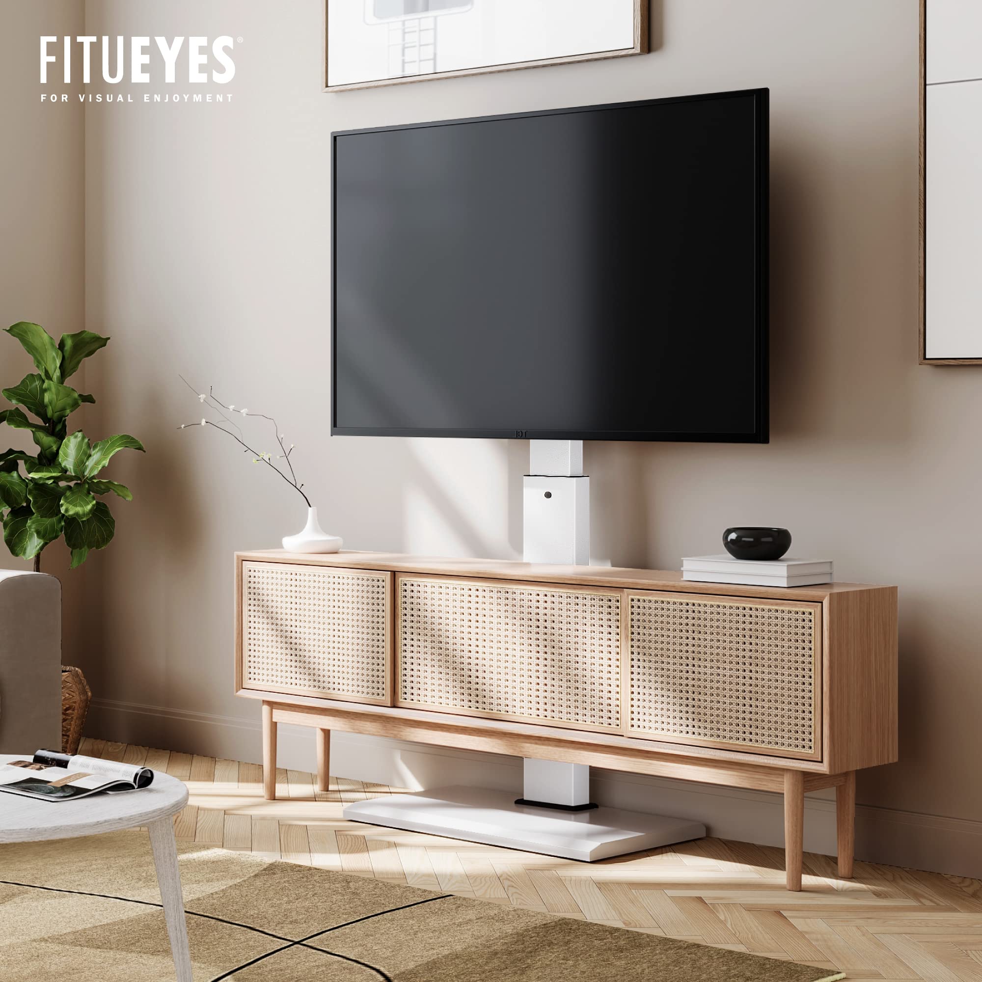 FITUEYES Universal TV Stand for 32-75 Inch TVs - Adjustable Height Swivel Floor Stand with Iron Base, Wire Management for LED LCD OLED Plasma Flat & Curved Screens - Space Saving Design for Living Room, Bedroom or Office (White)