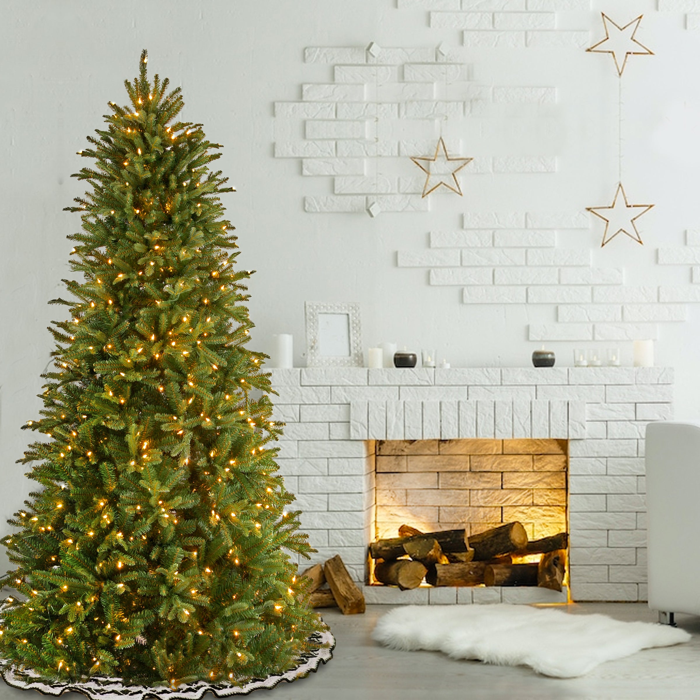 6.5 ft Pre-Lit Tiffany Fir Slim Christmas Tree with Clear LED Lights & PE Branch Tips - Perfect for Small Spaces, Apartments, and Holiday Decorations