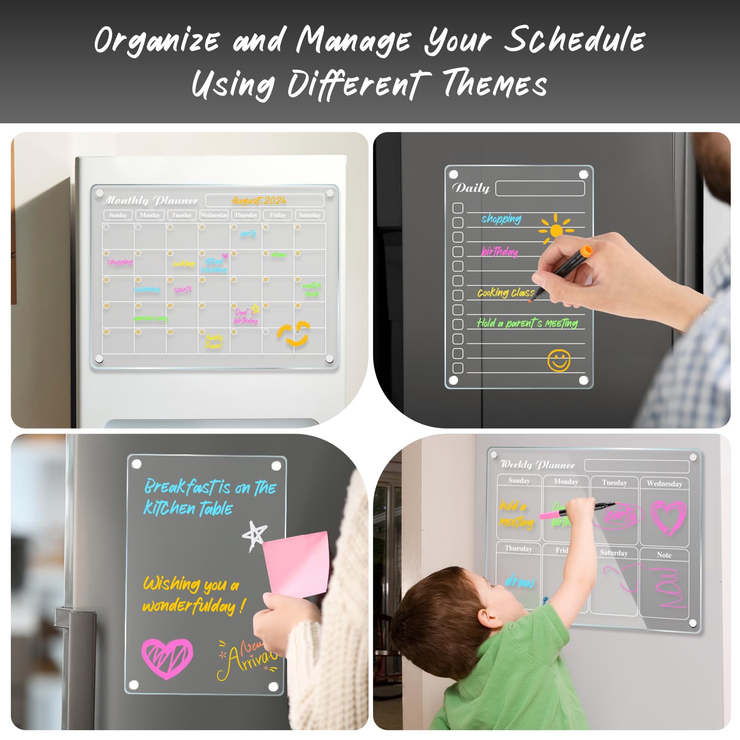DIYMAG 4Pcs 2025 Magnetic Refrigerator Calendar Set - Acrylic Whiteboard & Chalkboard Monthly Planner with 6 Highlight Markers | Perfect for Kitchen, Office & Home Organization