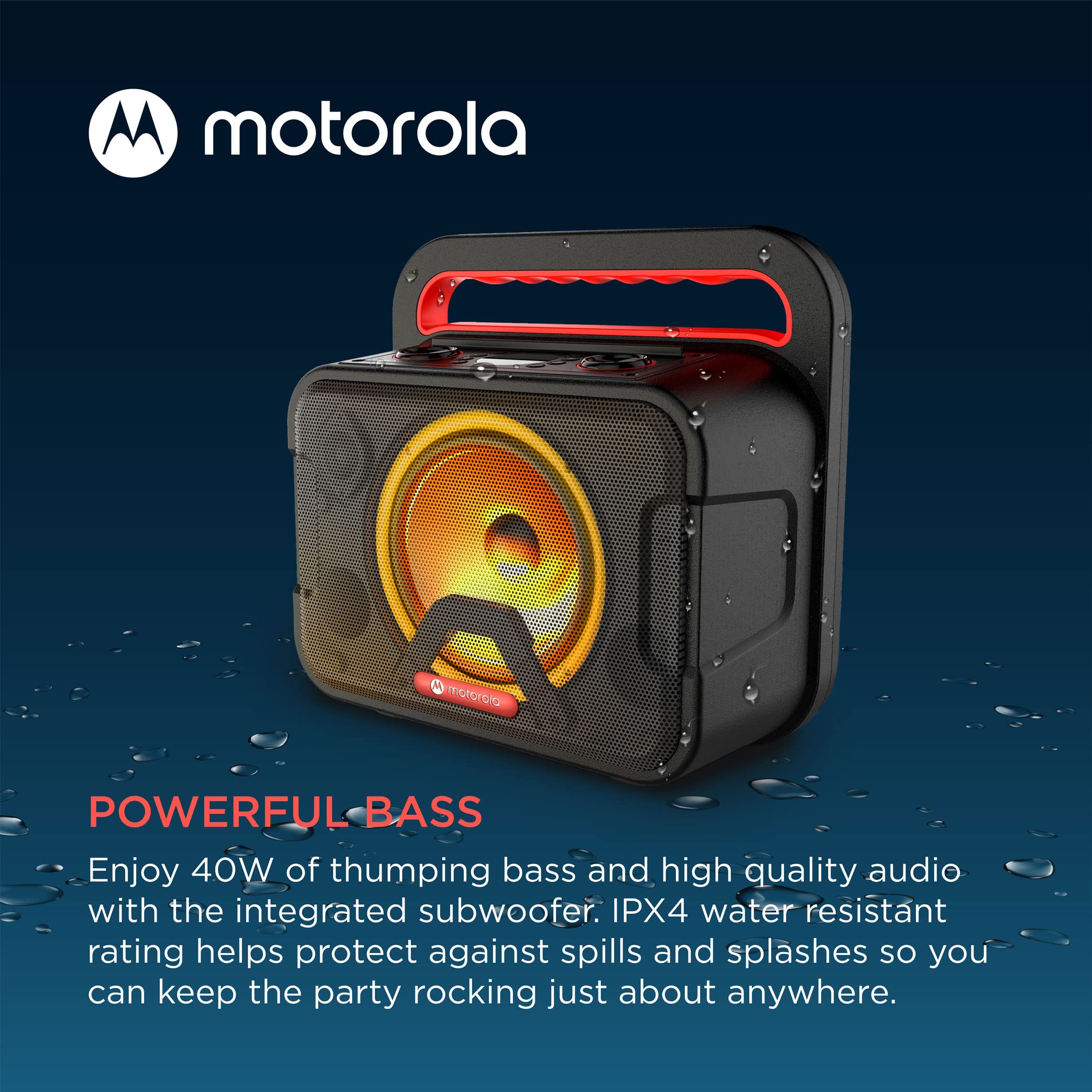 Motorola ROKR 810 40W Portable Bluetooth Speaker with Built-in Subwoofer, IPX4 Waterproof, LED Lights & Mic - Wireless Speaker for Smartphones, Parties, Outdoor & Home Use - Crystal Clear Bass Sound