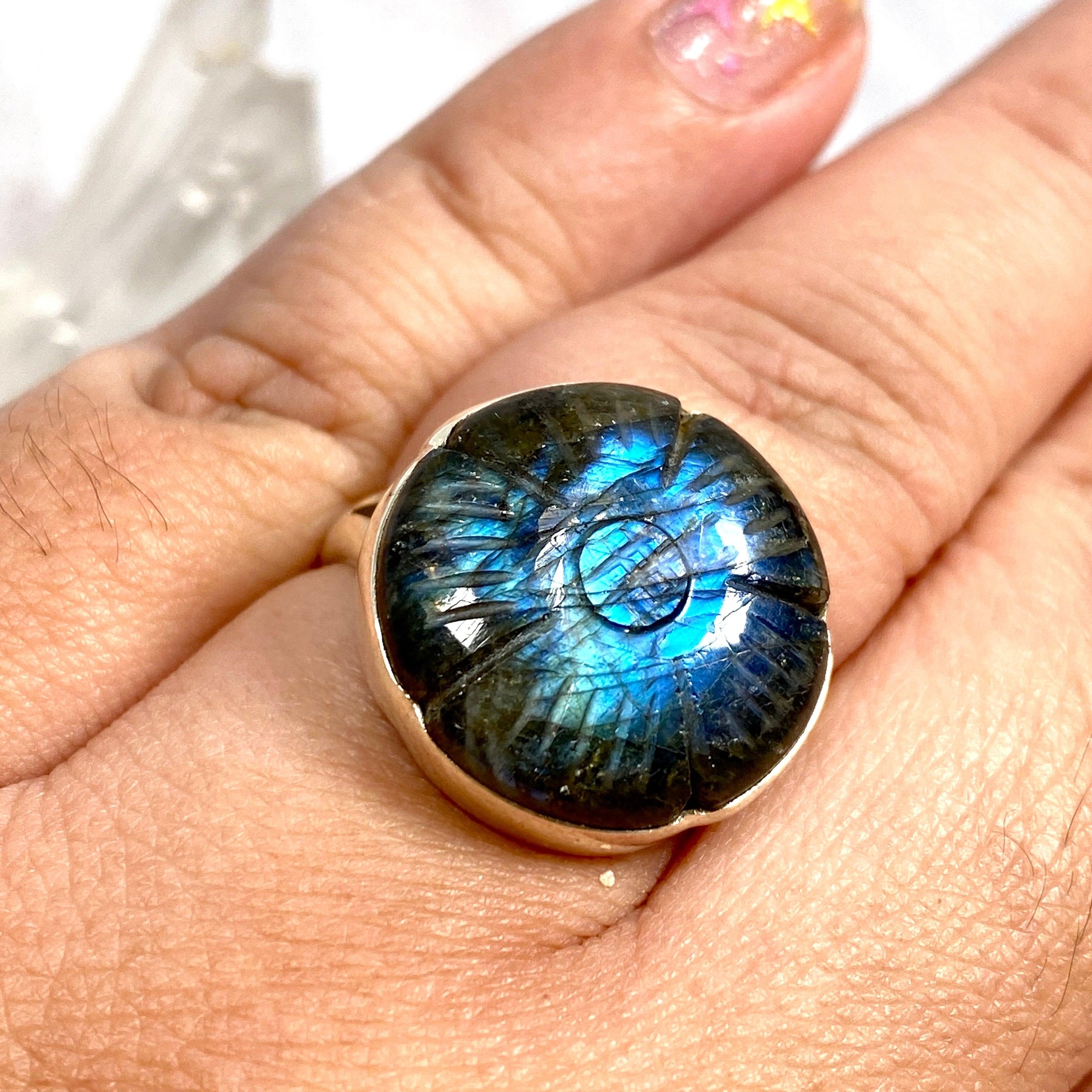 Labradorite Flower Cabochon Ring with Split Band - Sterling Silver Gemstone Jewelry for Women - Perfect for Boho Style, Gift Giving & Special Occasions