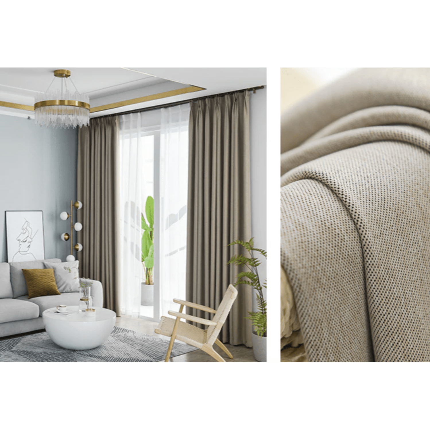 Rémy Blackout Double Sided Plain Linen Thermal Insulated Curtains - Khaki/Beige | Energy Efficient Window Treatment for Bedroom & Living Room
