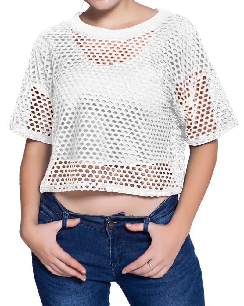 CLOZOZ Women's See-Through Mesh Fishnet Crop Top T-Shirt - Sexy Summer Beach Cover Up, Festival Outfit & Nightclub Wear