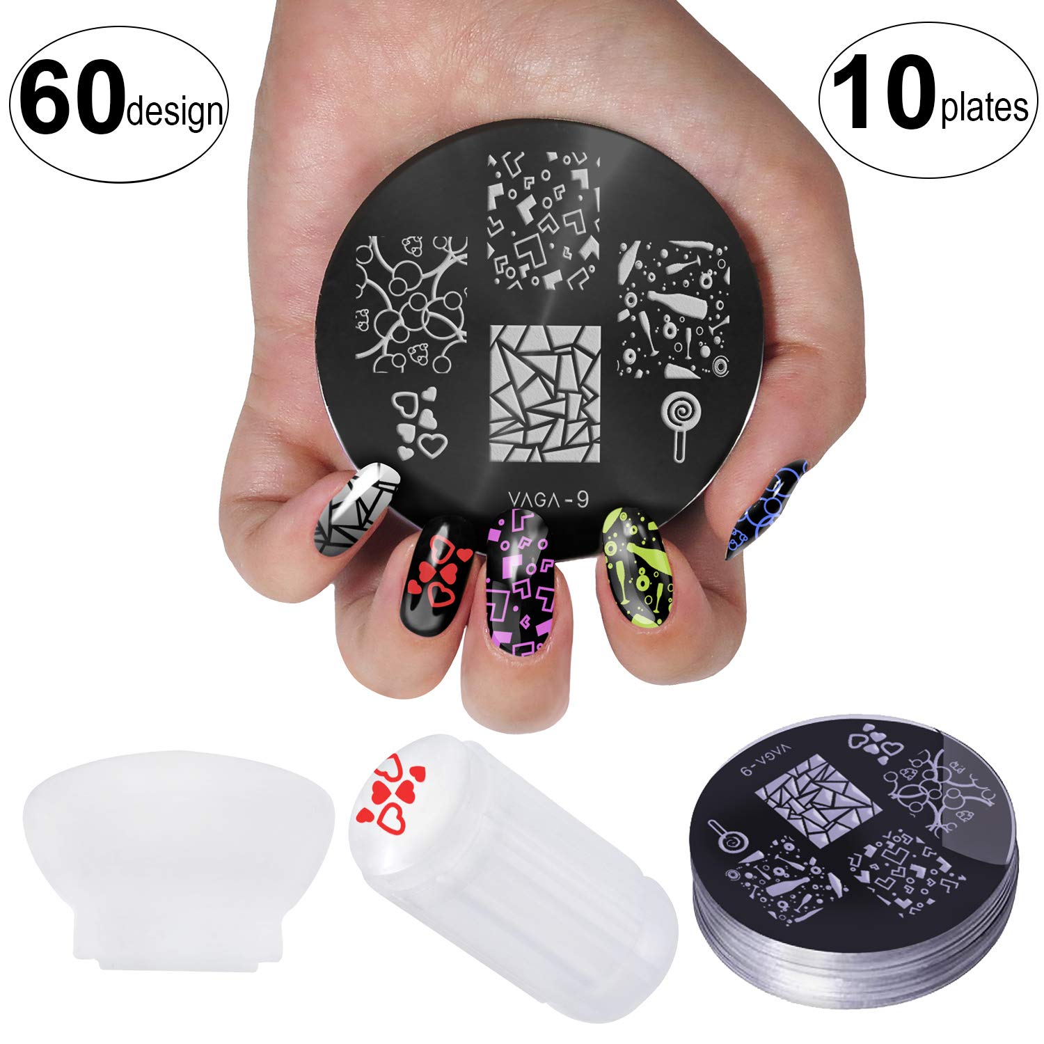 VAGA 10PC Nail Stamping Kit with 60 Designs - Perfect for Home & Salon Manicures