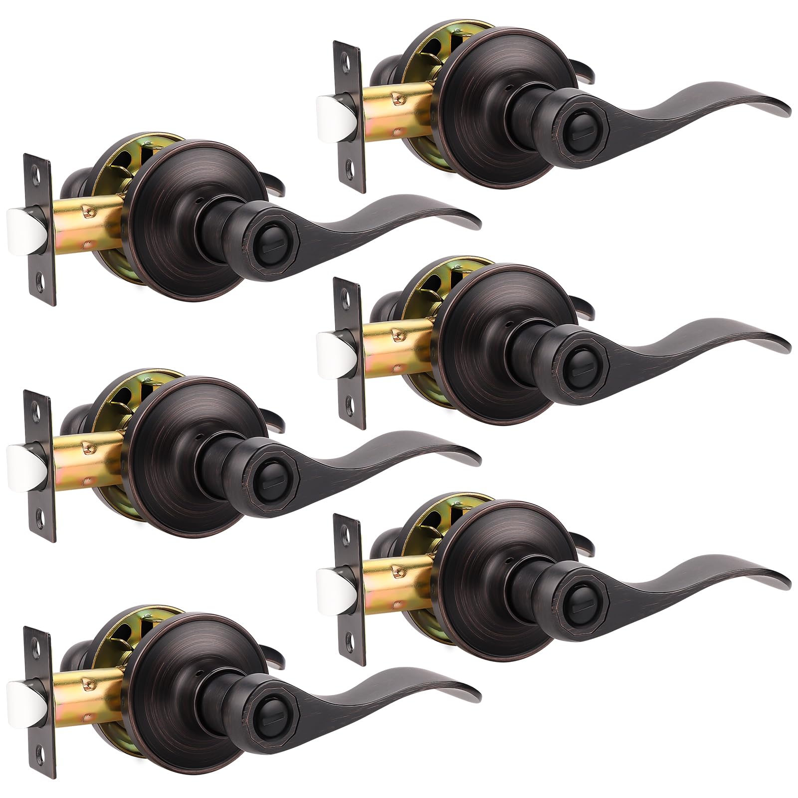 6 Pack Privacy Door Lever with Thumb Turn Lock - Keyless Oil Rubbed Bronze Wave Door Handle Set for Bedroom & Bathroom Doors (Reversible Right/Left Handed) - Perfect for Home Privacy, Interior Doors & Rental Properties
