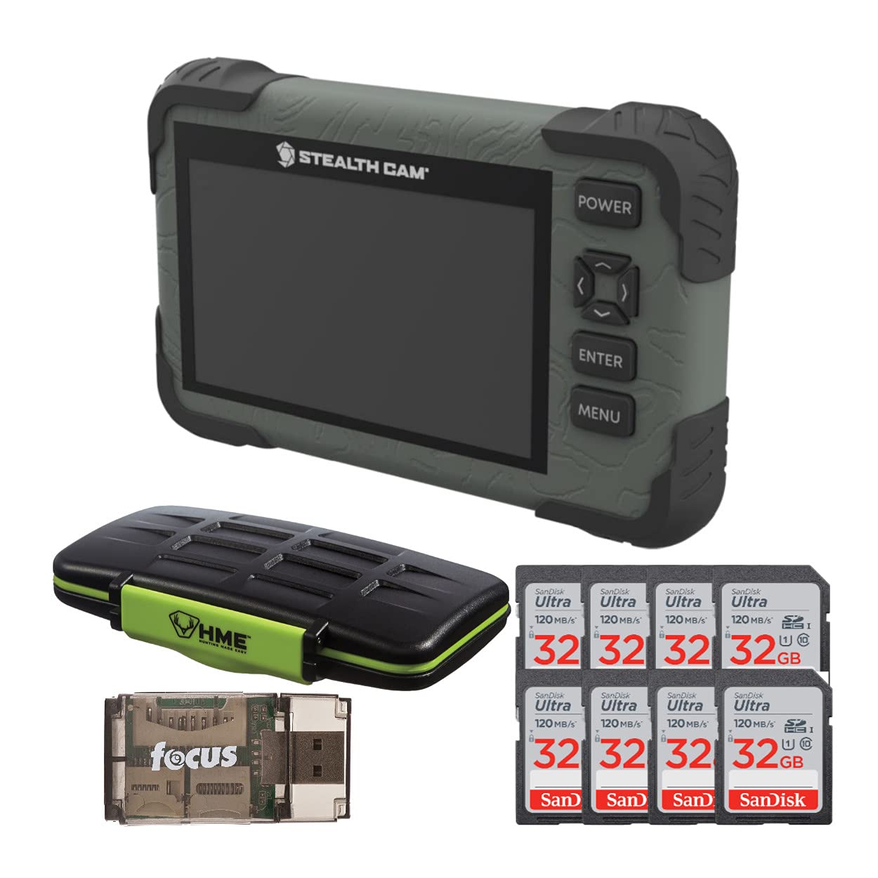 Stealth Cam SD Card Reader & Viewer Bundle - Includes HME SD Card Holder, 32GB Memory Card (8-Pack), High-Speed USB 2.0 Card Reader (11 Items) - Perfect for Trail Cameras, Wildlife Photography & Outdoor Adventures