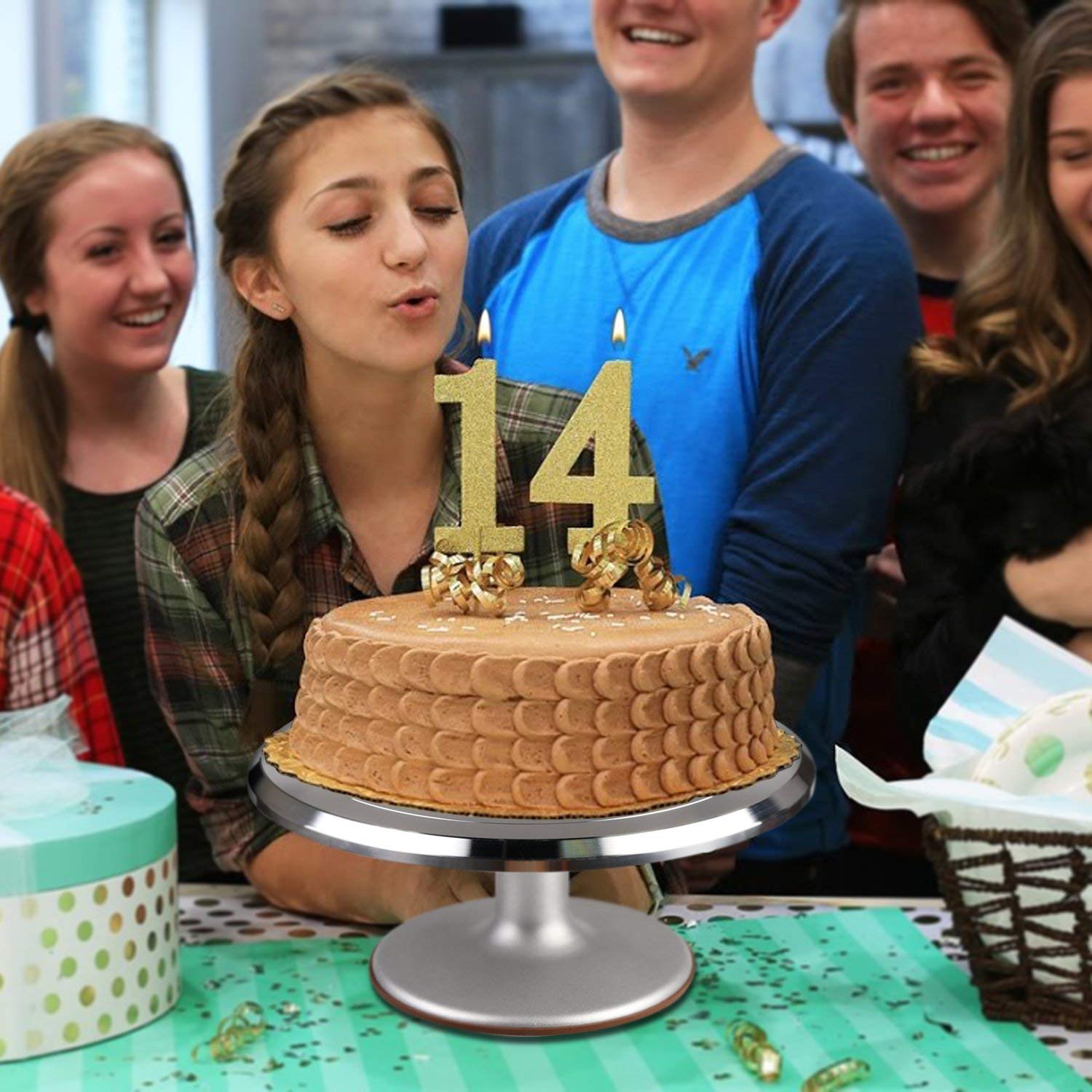 12.7'' Aluminium Alloy Revolving Cake Turntable Stand with Angled Icing Spatula, Cake Leveler, Comb & Smoother - Professional Baking Decorating Supplies for Birthday, Wedding & Fondant Cakes (ZC033)