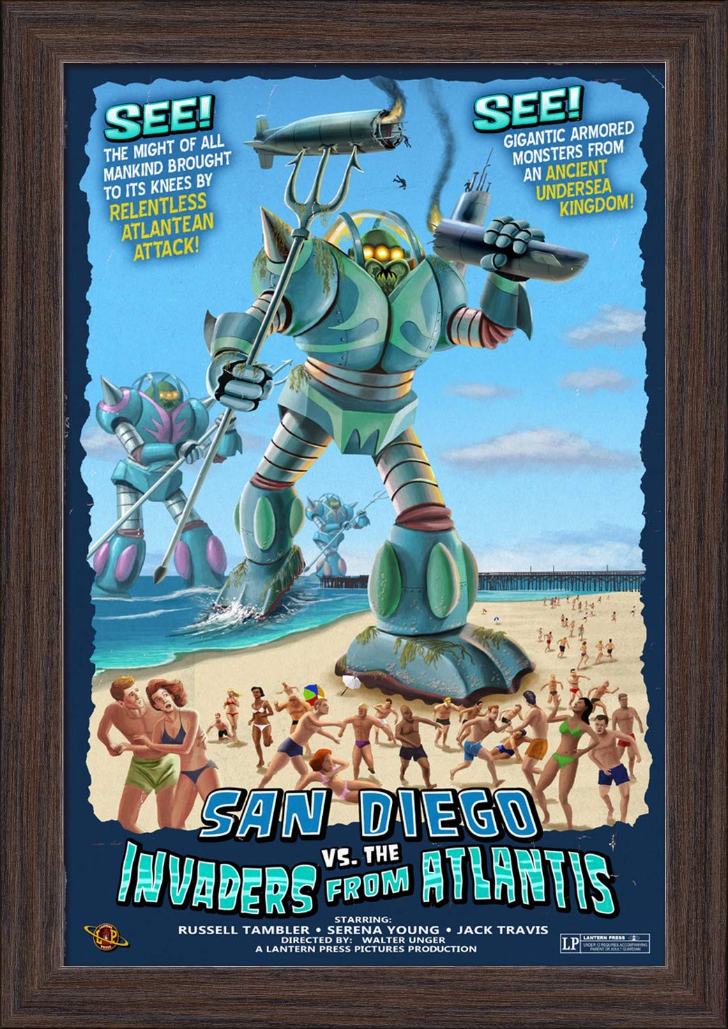San Diego vs. Atlantean Invaders Fine Art Print - 12x18 Giclee on Recycled Wood Frame in Espresso Brown - Perfect for Coastal Home Decor & Fantasy Art Collections