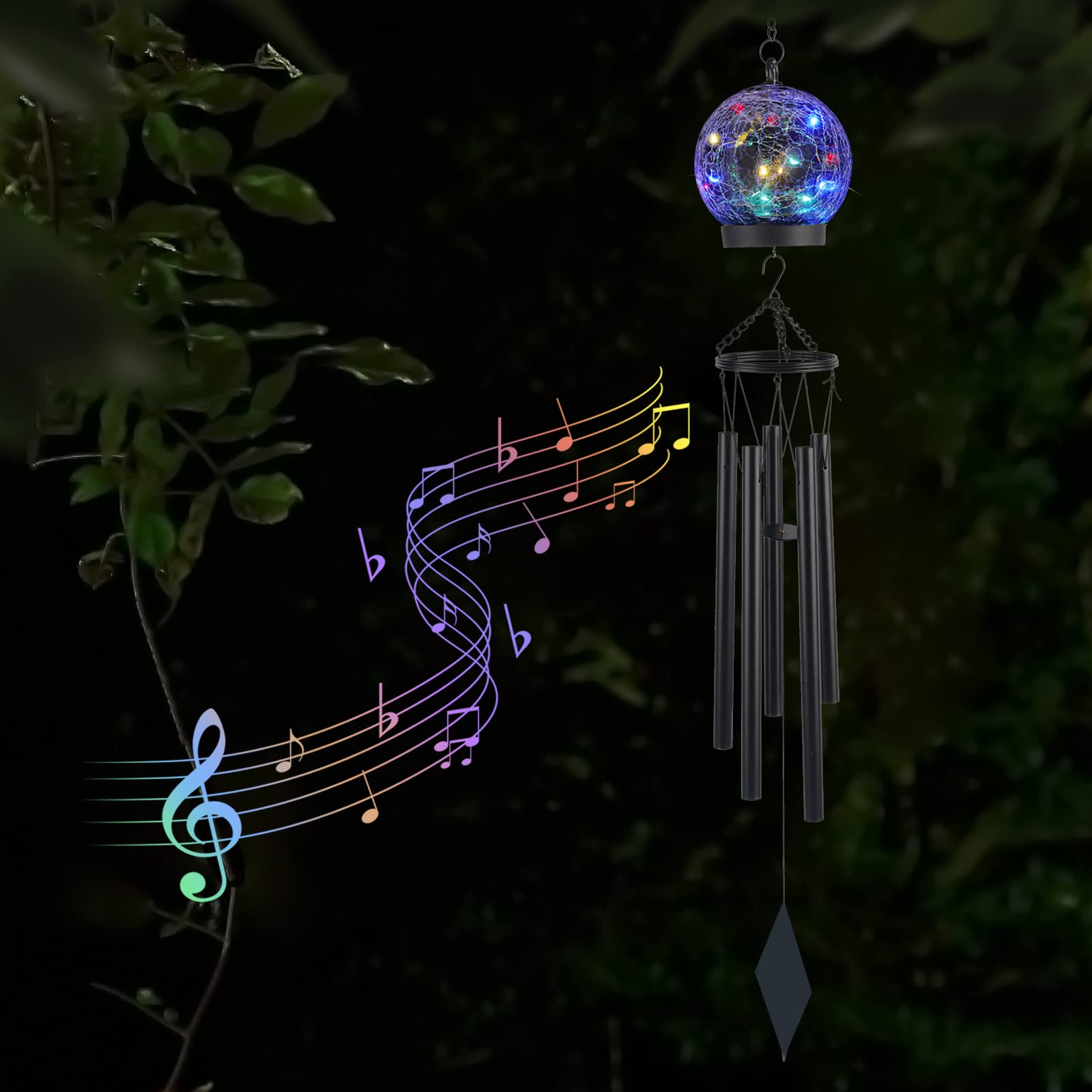 Solar-Powered Wind Chimes with 15 LED Twinkle Lights - 42 Inch Large Crackled Glass Ball Outdoor Decor for Garden, Yard, Patio - Perfect Sympathy Gift for Women & Birthday Present - Ideal for Relaxing Evenings, Landscape Lighting, and Outdoor Ambiance