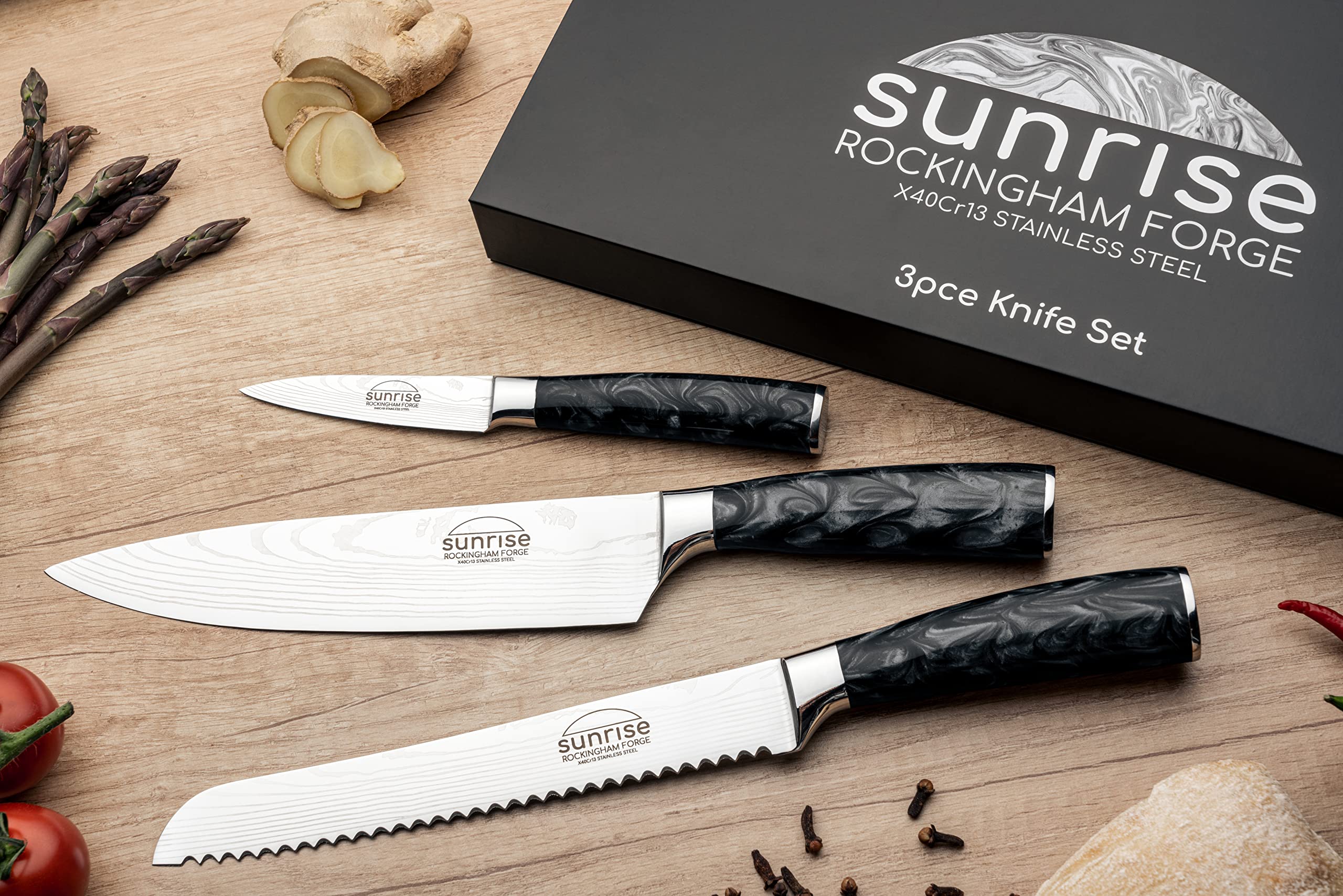 Premium 3-Piece Kitchen Knife Set - Stainless Steel Chef Knife, Paring Knife & Bread Knife with Ergonomic Resin Handles | Sunrise Collection | Perfect for Home Cooking, Meal Prep & Professional Chefs