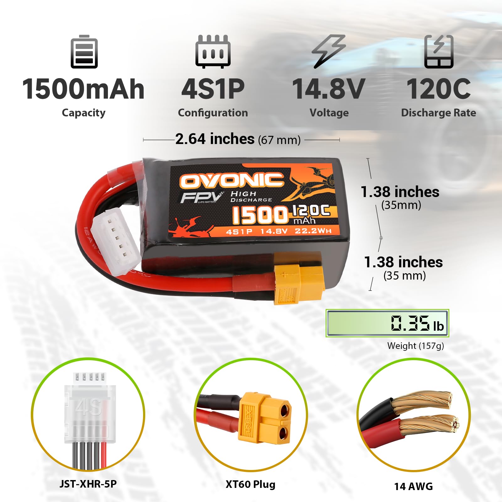 OVONIC 14.8V 120C 1500mAh 4S Lipo Battery with XT60 Plug - High Performance RC Battery for FPV Drones, Quadcopters, Helicopters, Airplanes, RC Boats & Cars (2 Pack) - Perfect for Racing, Aerial Photography and Long Flight Time