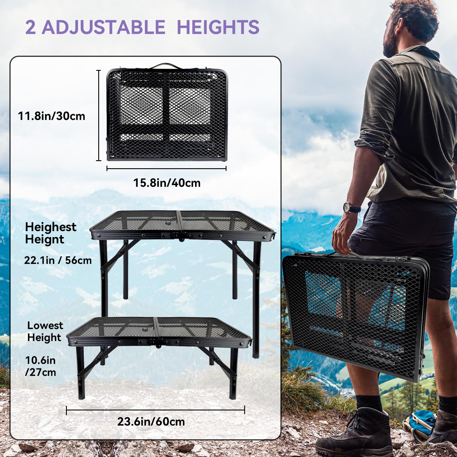 BRIAN & DANY Adjustable Height Folding Camping Grill Table - Portable 2x1.3FT Metal Picnic Table for Outdoor Cooking, BBQ, Tailgating & Backyard Parties (Black) | Compact & Lightweight Design Perfect for Camping, Beach Trips and RV Adventures