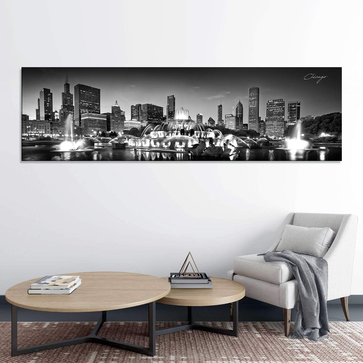 Chicago Skyline Canvas Wall Art - Black & White Panoramic Cityscape Print, Modern Home & Office Decor (14x48