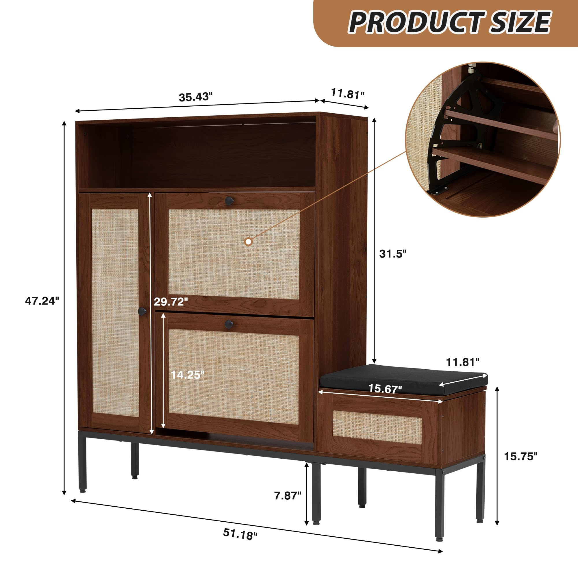 Modern Shoe Storage Cabinet with 2 Flip Drawers & Rattan Door - Entryway Bench with Hidden Space, Shoe Rack Organizer for Hallway, Living Room, Bedroom (Walnut) - Perfect for Small Spaces & Shoe Lovers