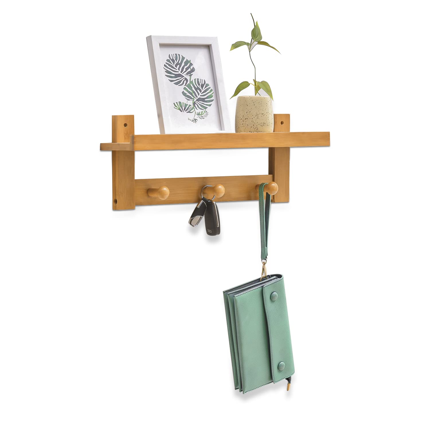 MoNiBloom Wall Mounted Coat Rack with Shelf - 3 Hooks Bamboo Entryway Organizer for Hats, Keys & Jackets - Perfect for Hallway, Bedroom, Kitchen & Bathroom Decor - Natural Wood Home Storage Solution