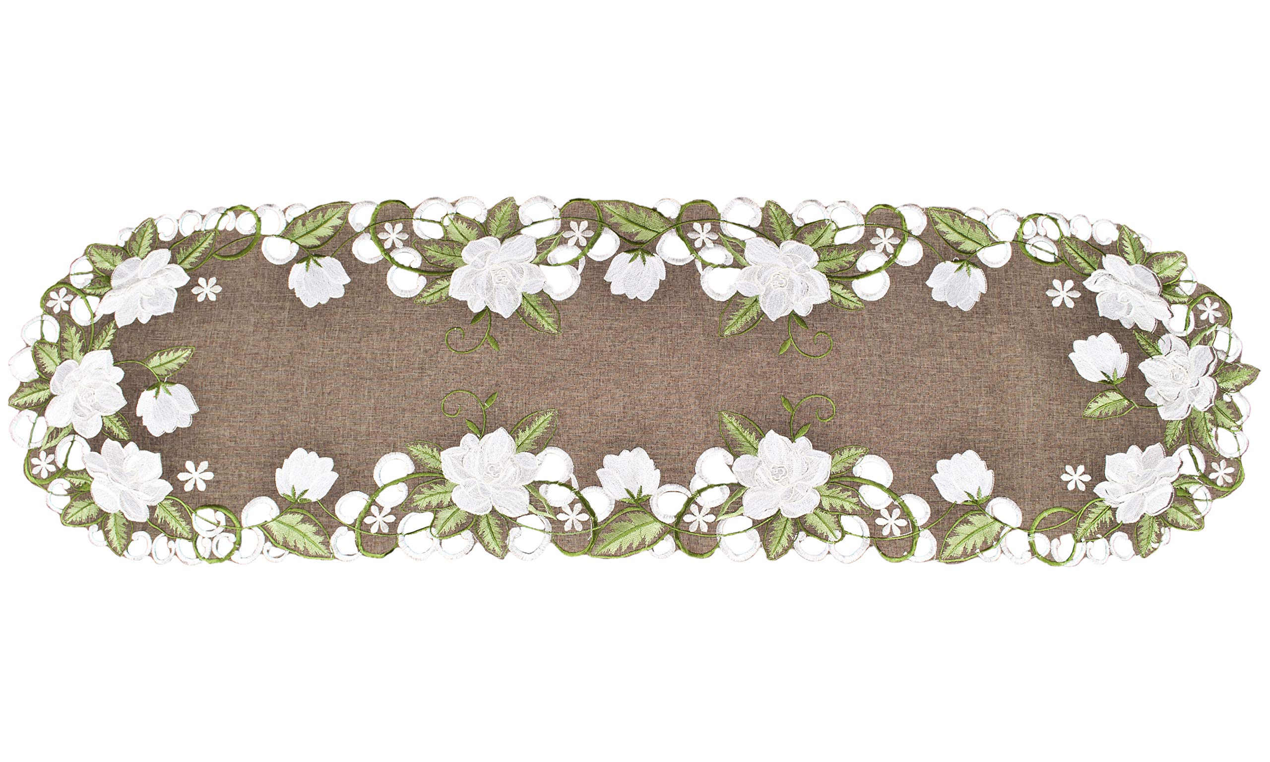 Elegant White Magnolia Floral & Green Leaves Embroidered Cutwork Table Runner - 14x51.5 Inch Brown Polyester Linen Dresser Scarf for Dining Table, Buffet, and Home Decor