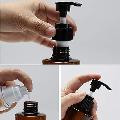 R K Bottles 200 Amber Secure Bottle with Black Pump Dispenser - 4 Pack Refillable Empty Bottles for Essential Oils, Lotions & DIY Beauty Products | Home, Salon & Travel Use