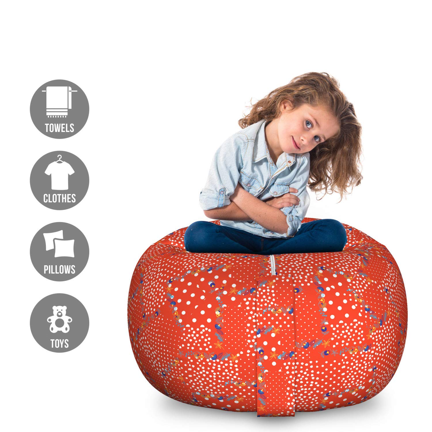 Ambesonne Large Washable Storage Toy Bag Chair - Botanical Flowering Carnation Blossoms with Leaves Nature Design - Stuffed Animal Organizer for Kids Room, Nursery, Playroom - Vermilion White Home Decor