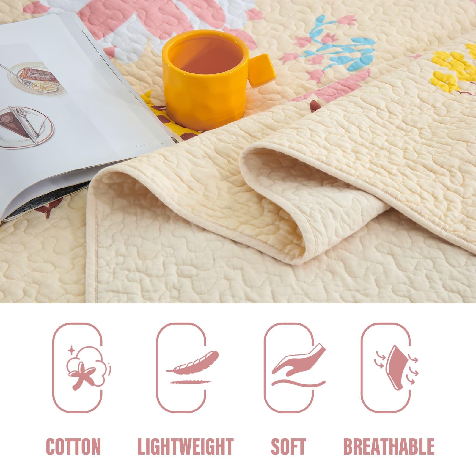 DDUOXIN 3-Piece 100% Cotton Reversible Queen Quilt Set - Lightweight Yellow Bedding with 1 Quilt & 2 Shams for Kids | Soft & Breathable for All Seasons | Perfect for Bedrooms, Guest Rooms & Dorm Decor