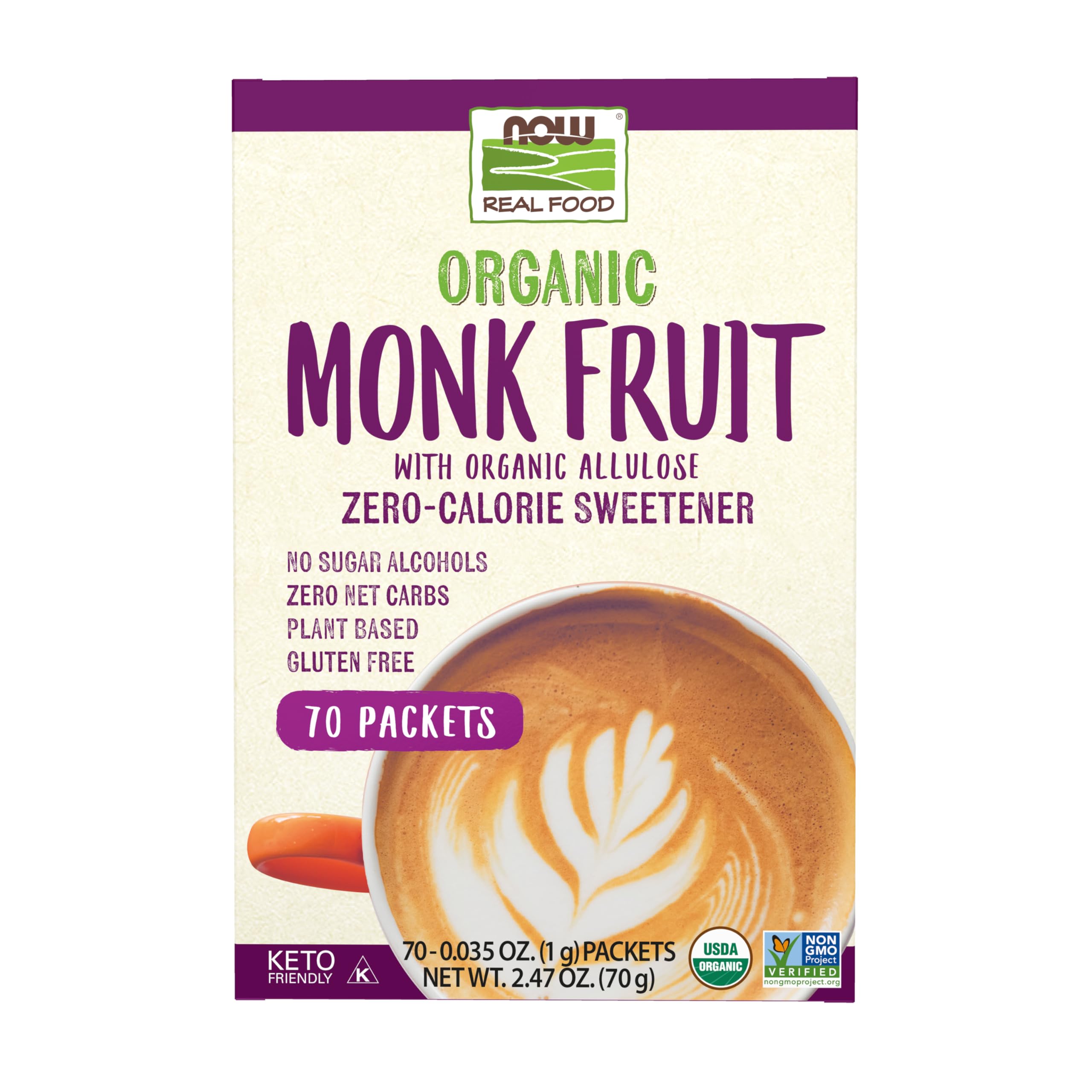 NOW Foods Organic Monk Fruit Sweetener - Zero Calorie, Gluten-Free, Non-GMO, 70 Packets | Perfect for Keto, Diabetic & Low-Carb Diets, Coffee & Baking