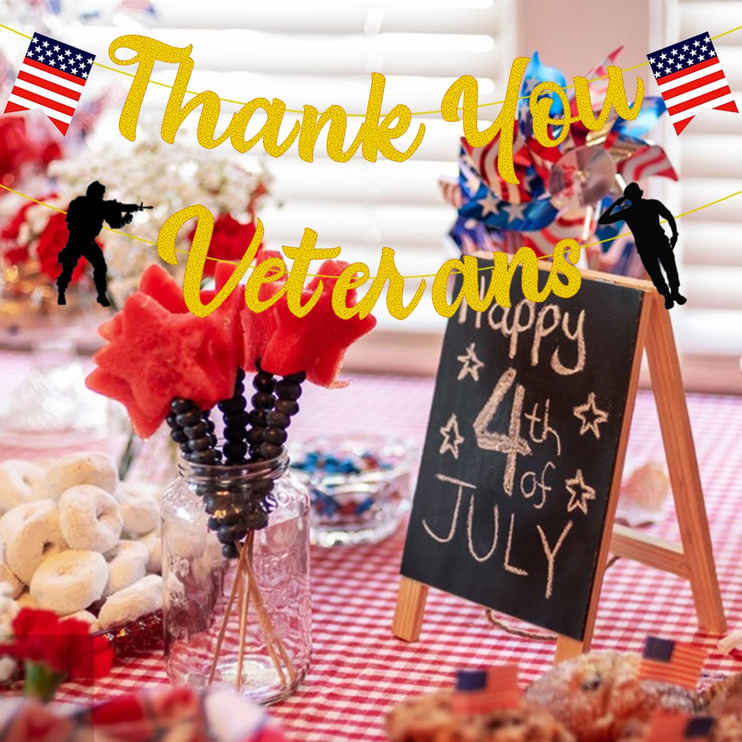 Gold Glitter Thank You Veterans Banner - Patriotic American Flag Decor for Veterans Day Party, Military Appreciation Events & Home Decoration | Land of the Free Because of the Brave Soldier Banner