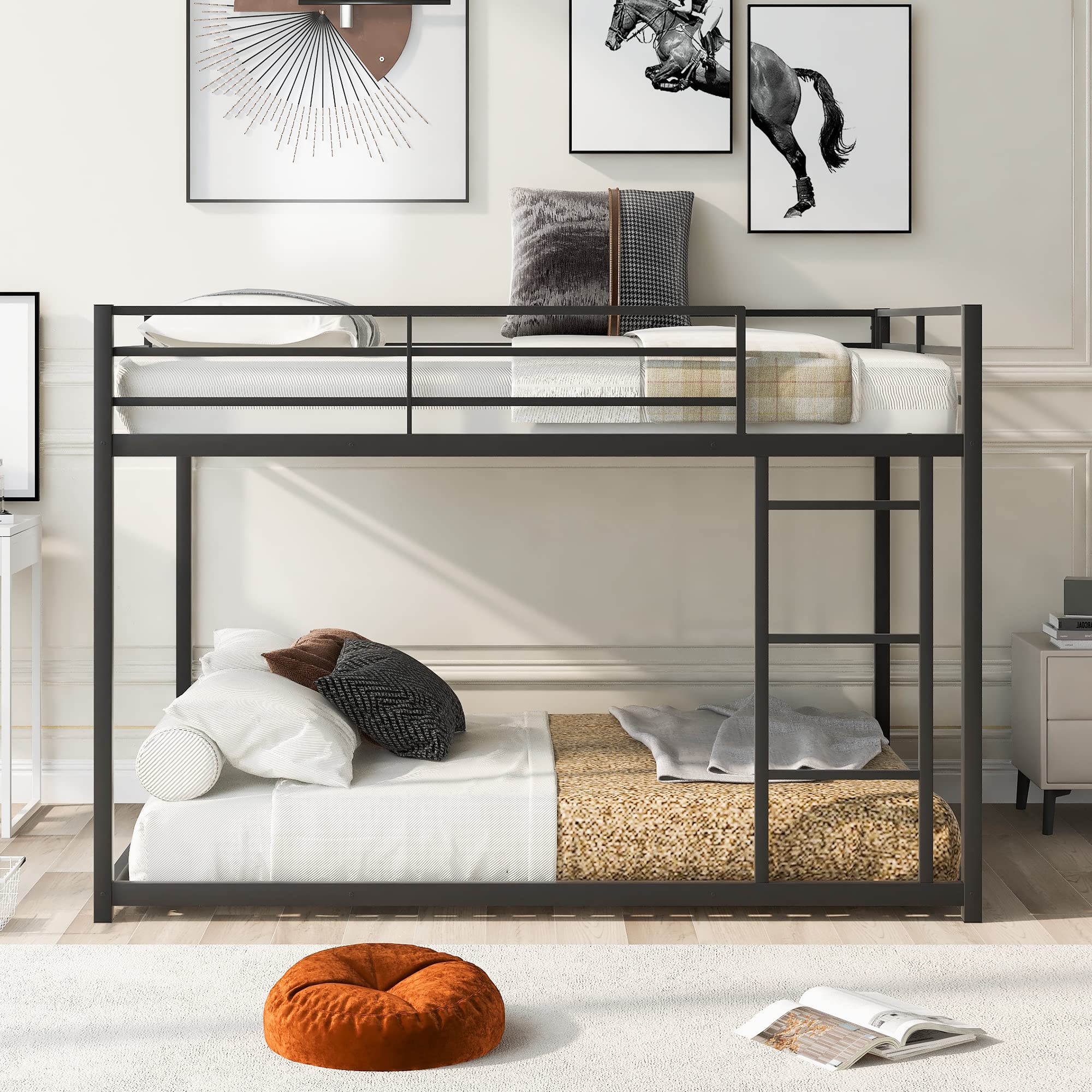 Olela Full Over Full Bunk Beds for Kids & Adults - Sturdy Low Metal Bed Frame with Ladder - Space-Saving Floor Bunk Bed for Boys, Girls & Teens (Black) - Perfect for Small Bedrooms, Dorms & Guest Rooms